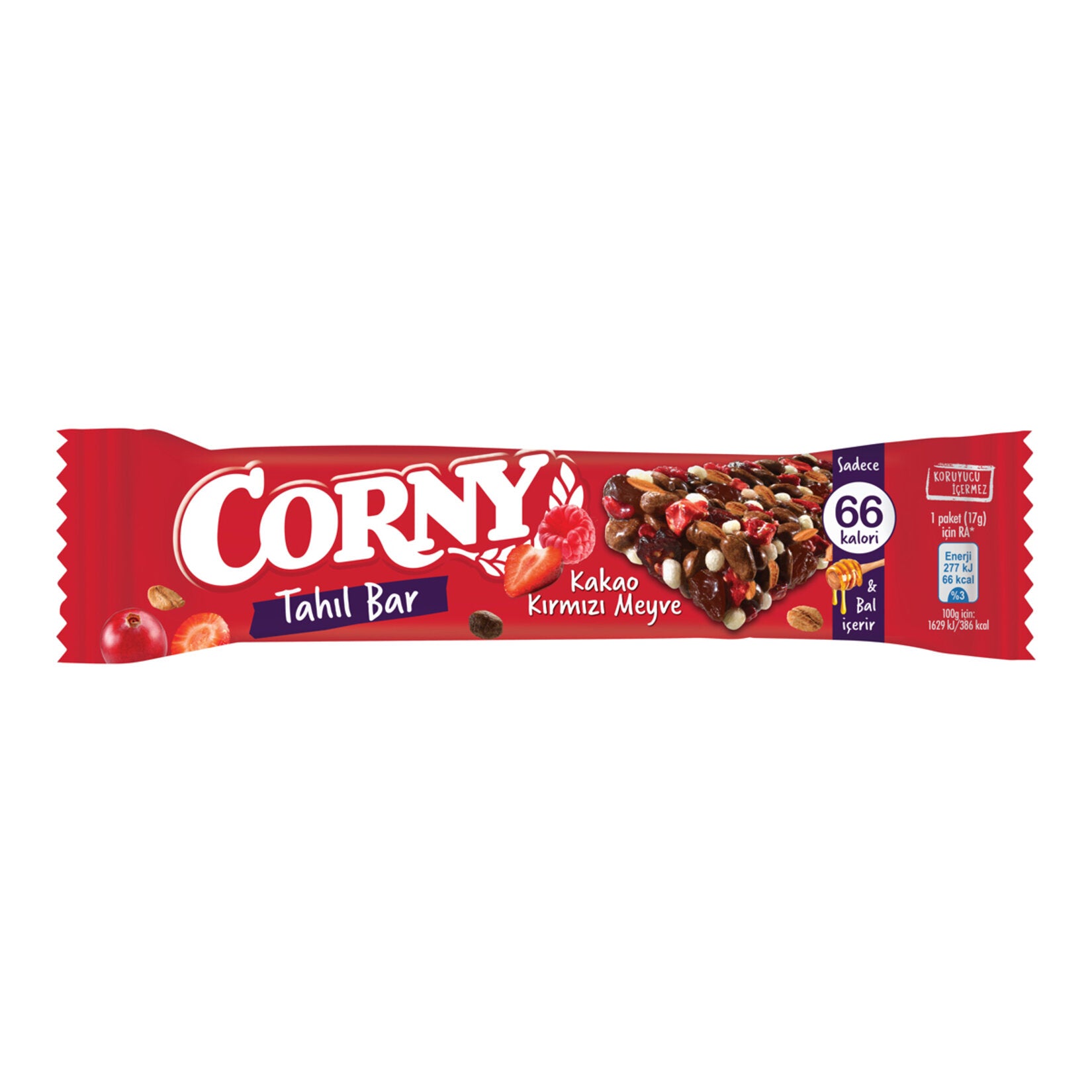 Enjoy a delicious and satisfying snack with the Corny Cacao Red Fruit Cereal Bar.