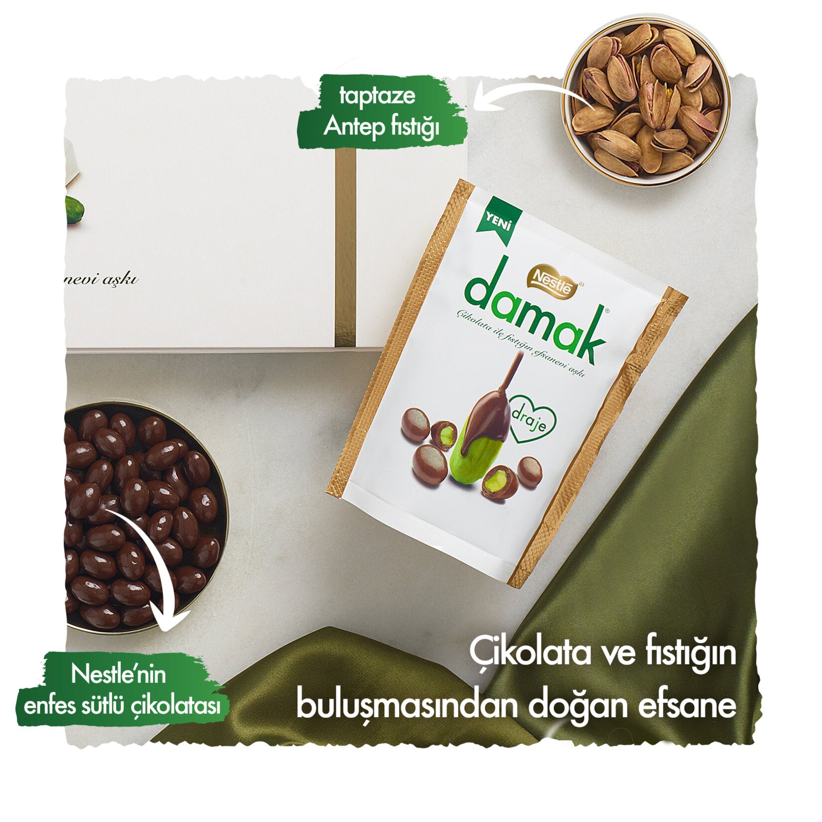Damak Milk Chocolate Covered Pistachio Dragee brings you the perfect harmony of rich milk chocolate and crunchy Antep pistachios.