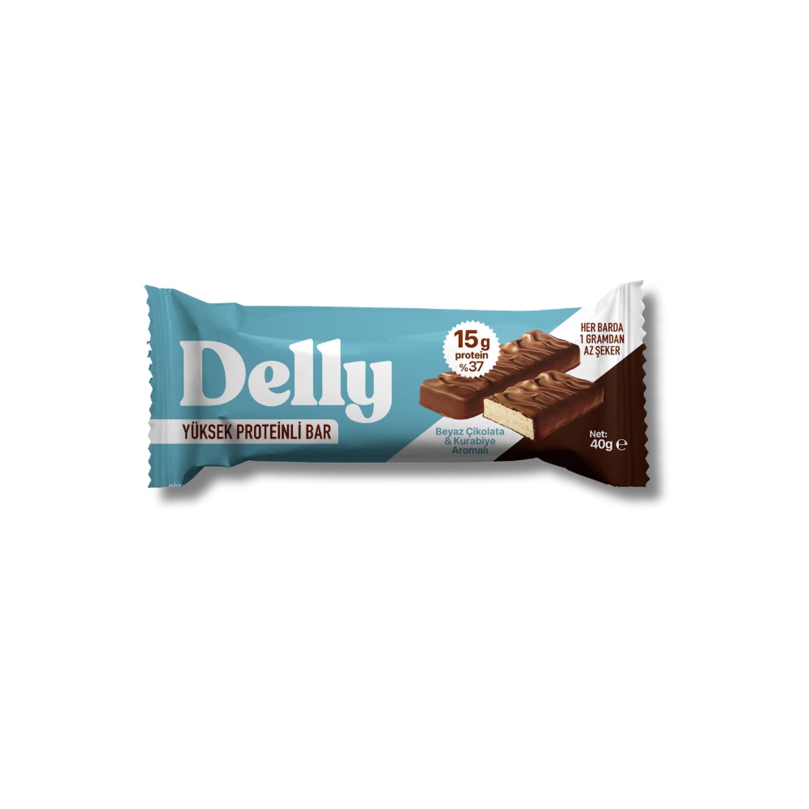 Delly White Chocolate & Cookie Protein Bar delivers a delicious balance of flavor and nutrition in a compact 40 g bar.