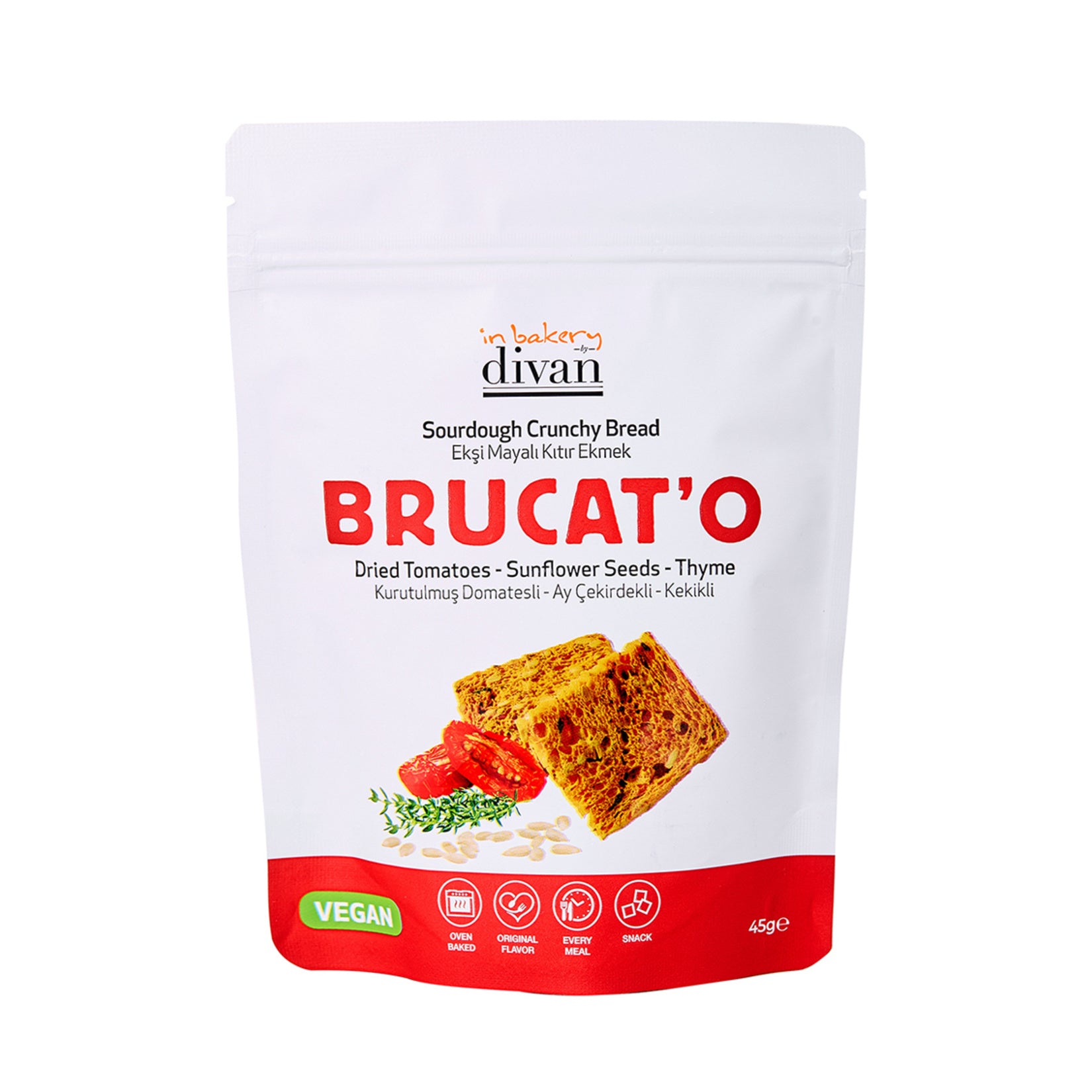 Discover the savory crunch of Divan Brucato Crispy Bread with Tomato & Olive, a gourmet Turkish snack crafted with sun-dried tomatoes, black olives, and aromatic herbs.