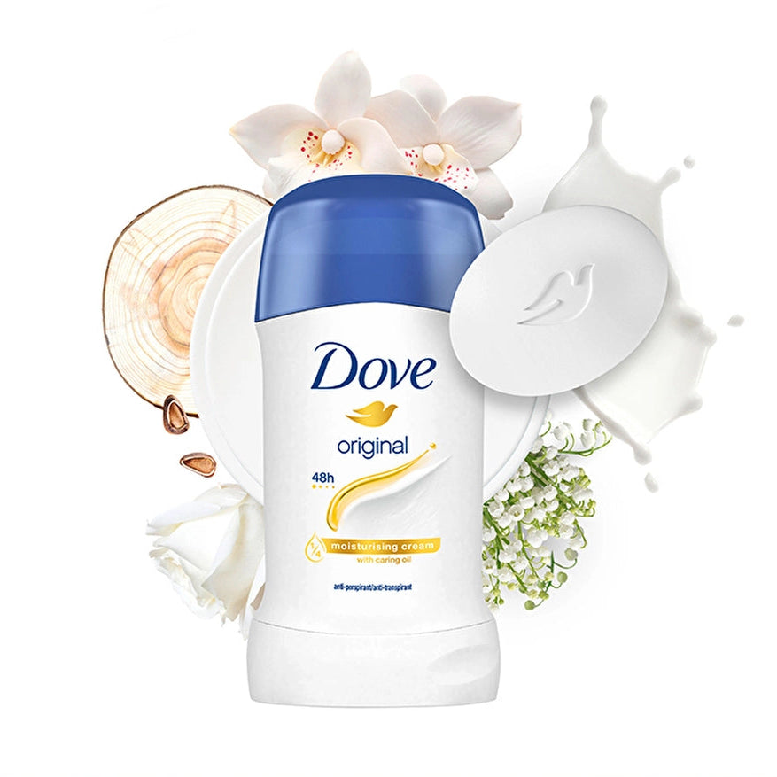 Dove deodorant stick with floral elements on a white background