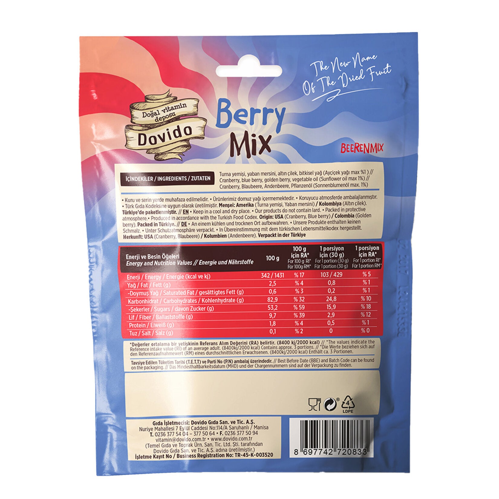 Experience the vibrant taste of nature with Dovido Berry Mix 3.5 oz (100 g), a delicious blend of dr