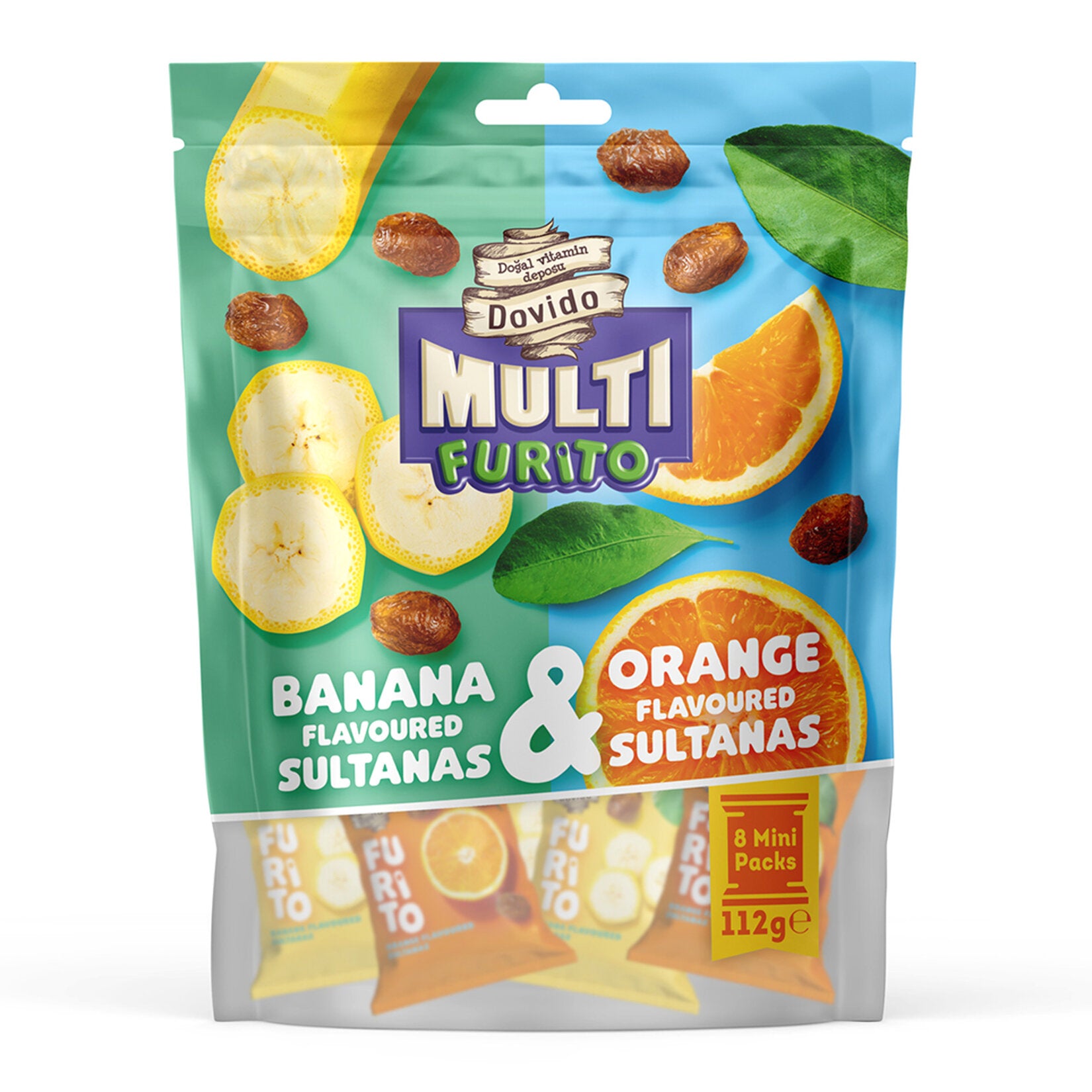 Discover a fun and fruity twist on a classic snack with Dovido Multi Furito Banana & Orange Flavored Raisins.