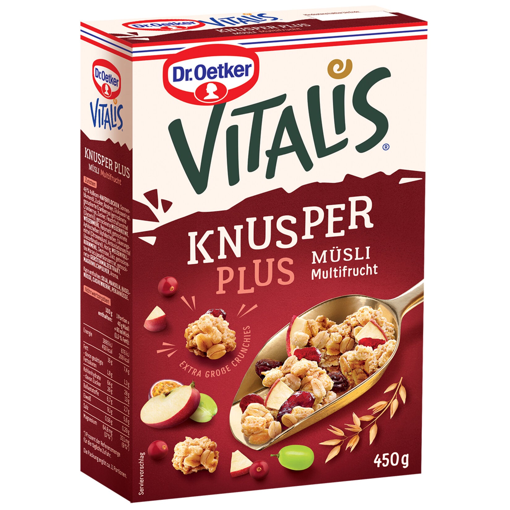 Dr.Oetker Vitalis Knusper Plus Multi Fruit Muesli brings together crunchy whole grain oats and a colorful mix of dried fruits for a satisfying and balanced breakfast.