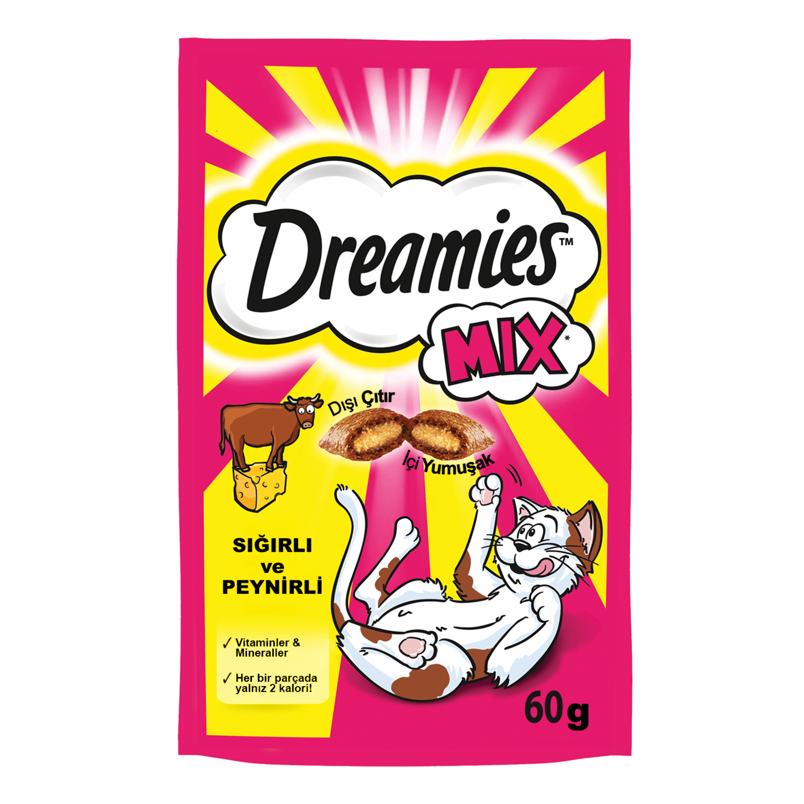 Dreamies Beef & Cheese Cat Treat is a crunchy and creamy dual-texture snack made to delight adult cats.