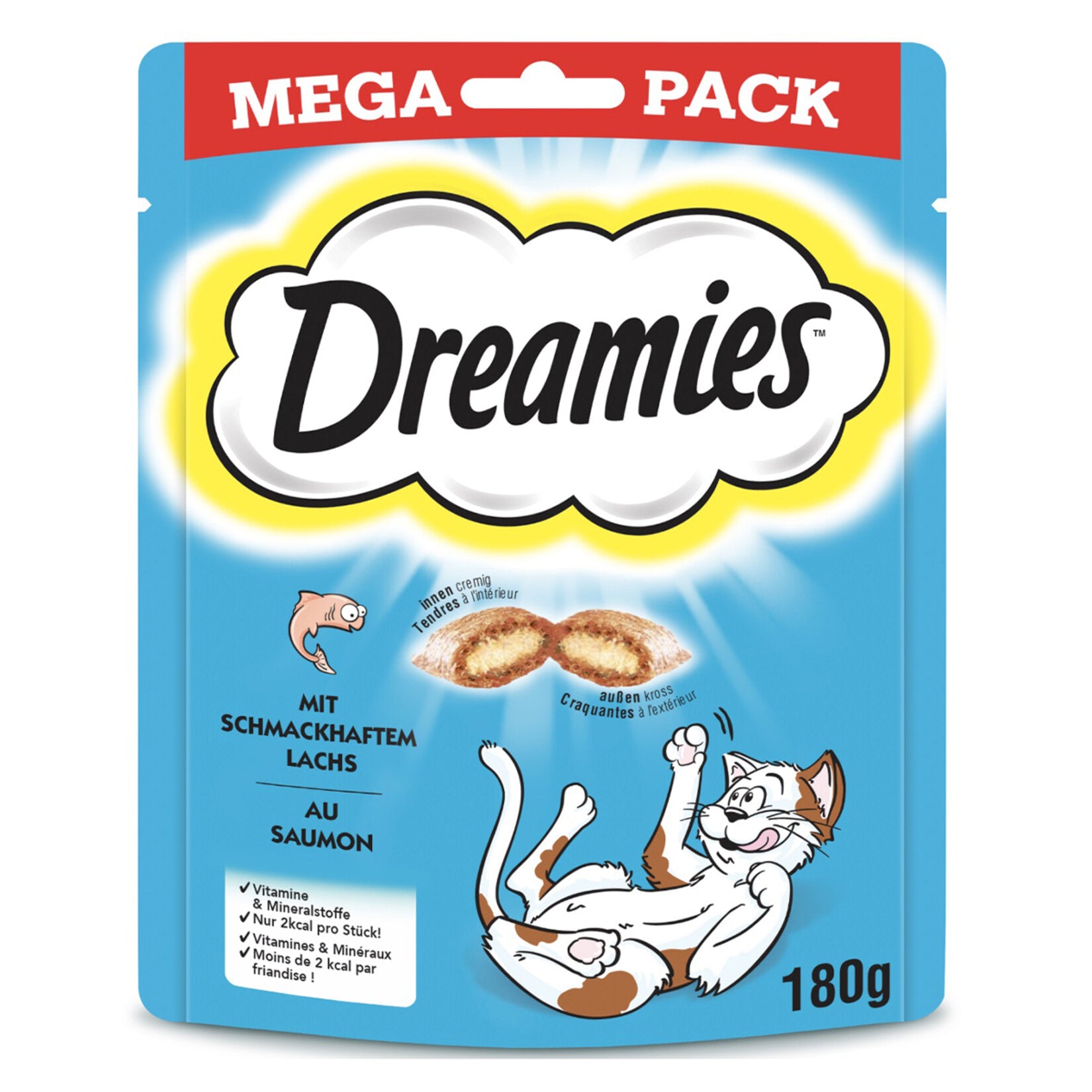 Dreamies Mega Salmon Cat Treat is a flavorful, crunchy cat snack made with salmon (4%) to delight your cat’s natural taste preferences.