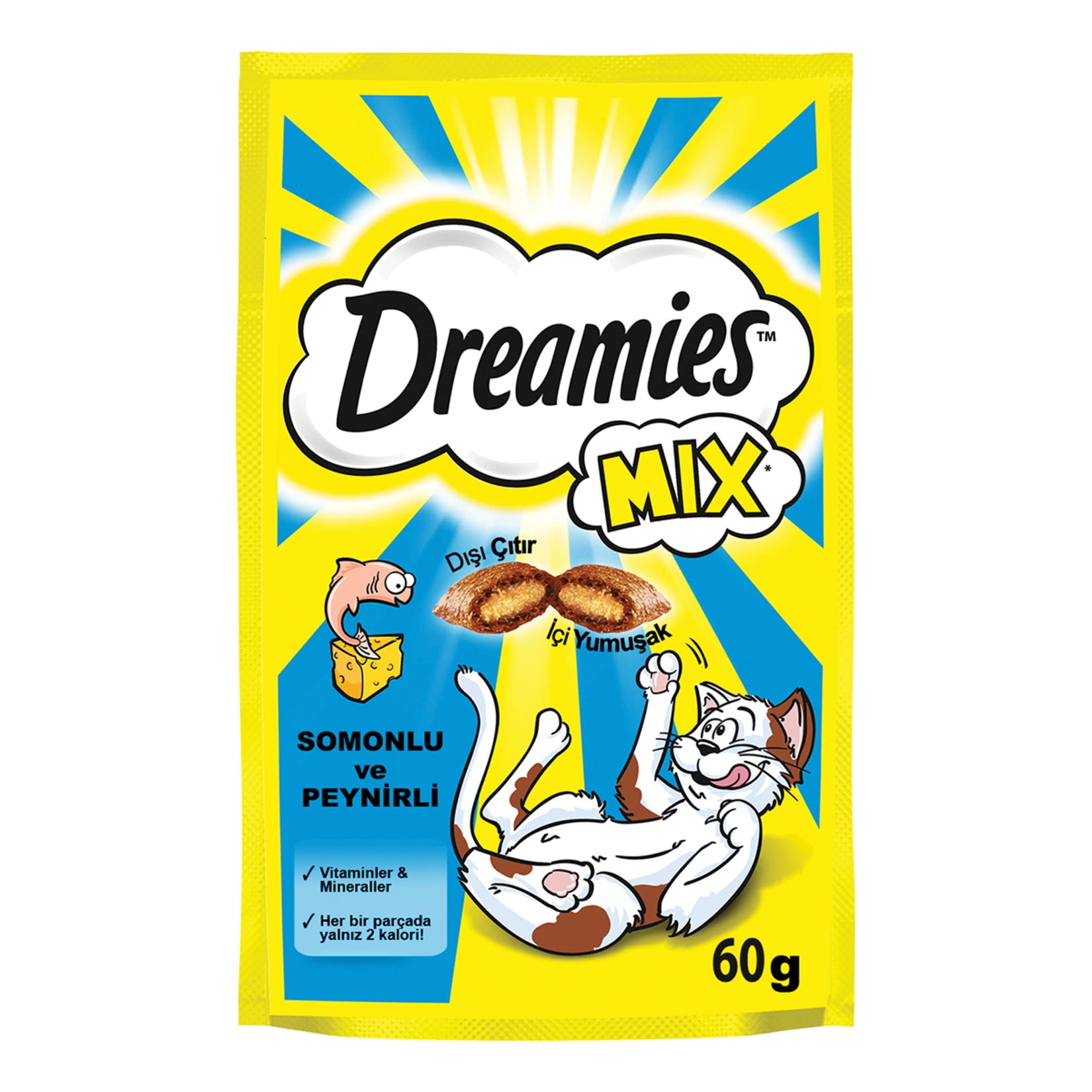 Dreamies Salmon and Cheese Cat Treats are crunchy on the outside and soft on the inside, offering a delicious combination of salmon and cheese that cats love.