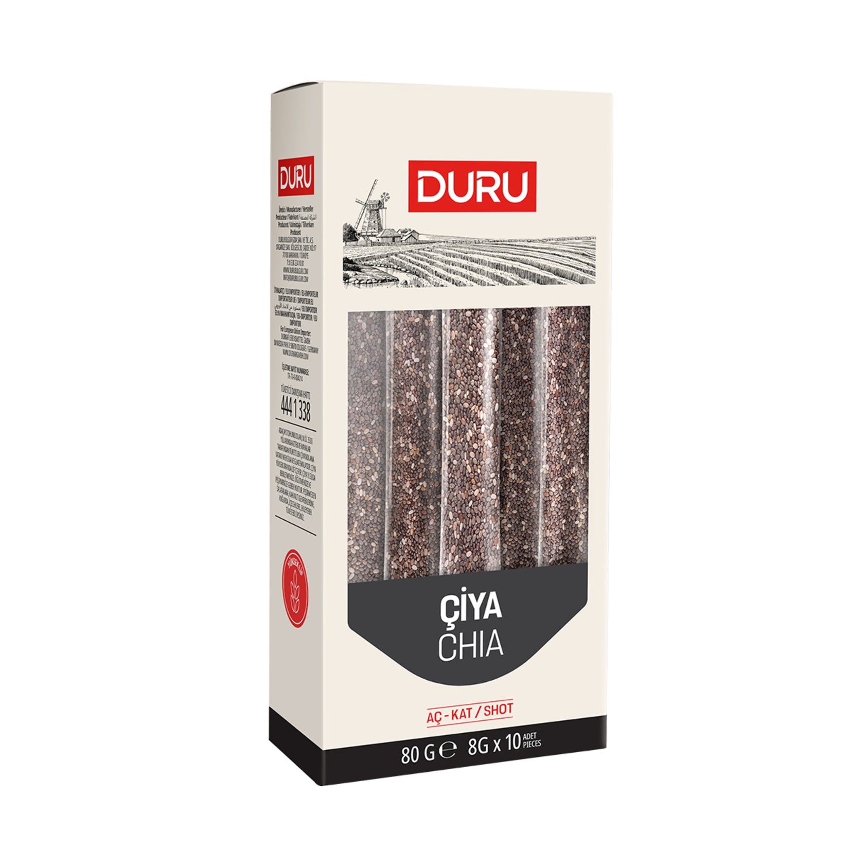 Boost your daily nutrition with Duru Chia Seeds, conveniently packaged in 10 easy-to-use 8g sachets.