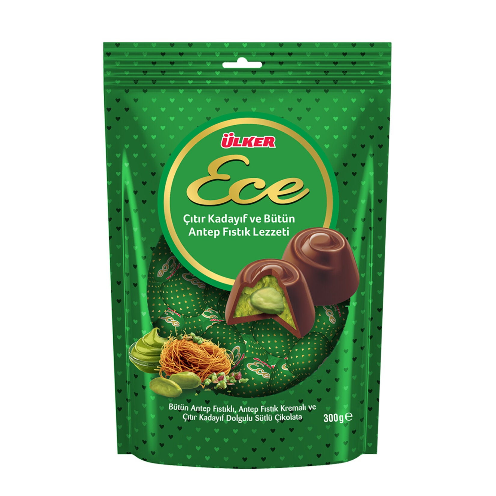 Ece Crispy Kadayif and Whole Pistachio Milk Chocolate brings together the rich taste of smooth milk chocolate with the crunch of traditional Turkish kadayif and generous pieces of whole pistachios.