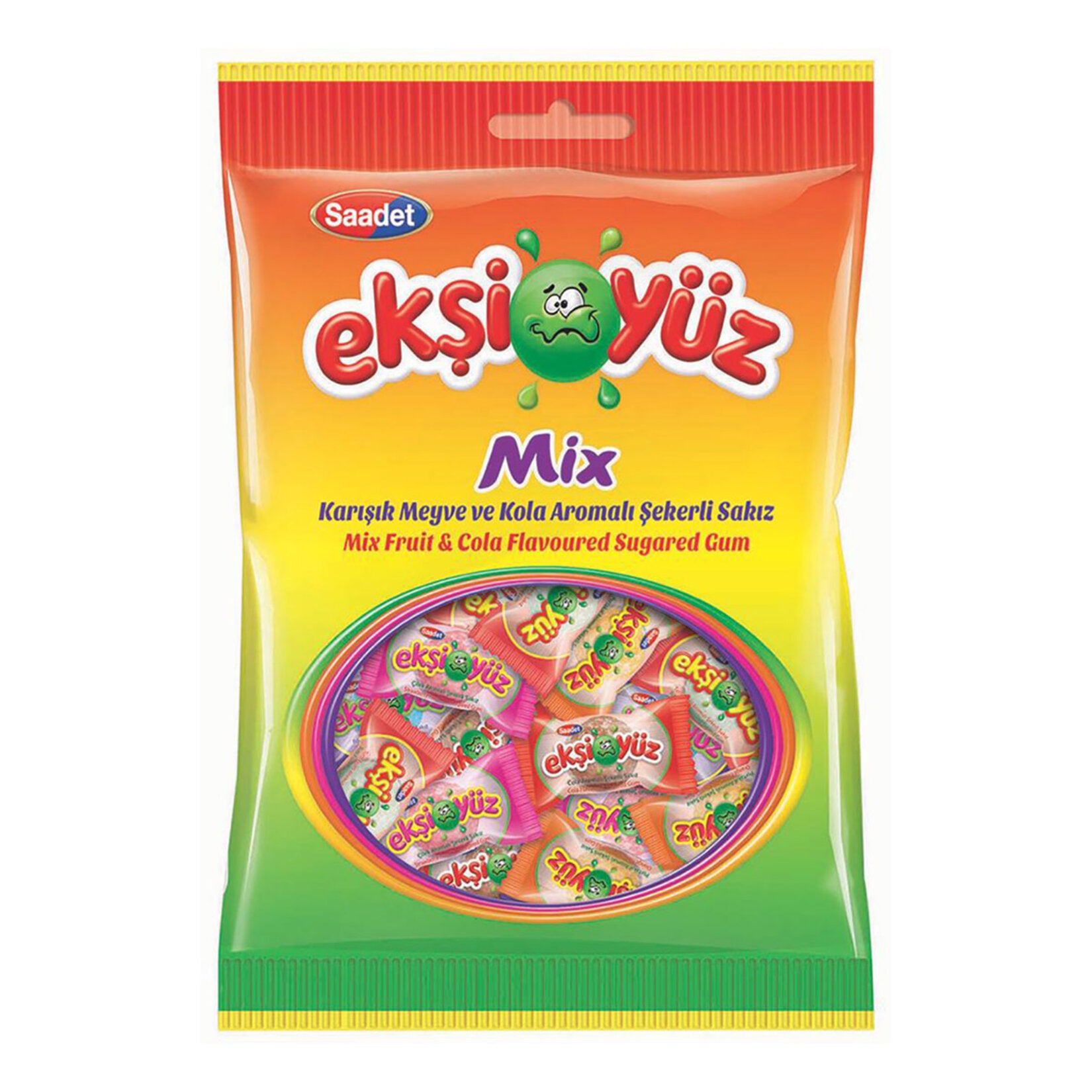 Enjoy a burst of fruity and cola-inspired flavor with Ekşi Yüz Mix Karışık Meyve Kola Aromalı Şekerli Sakız.