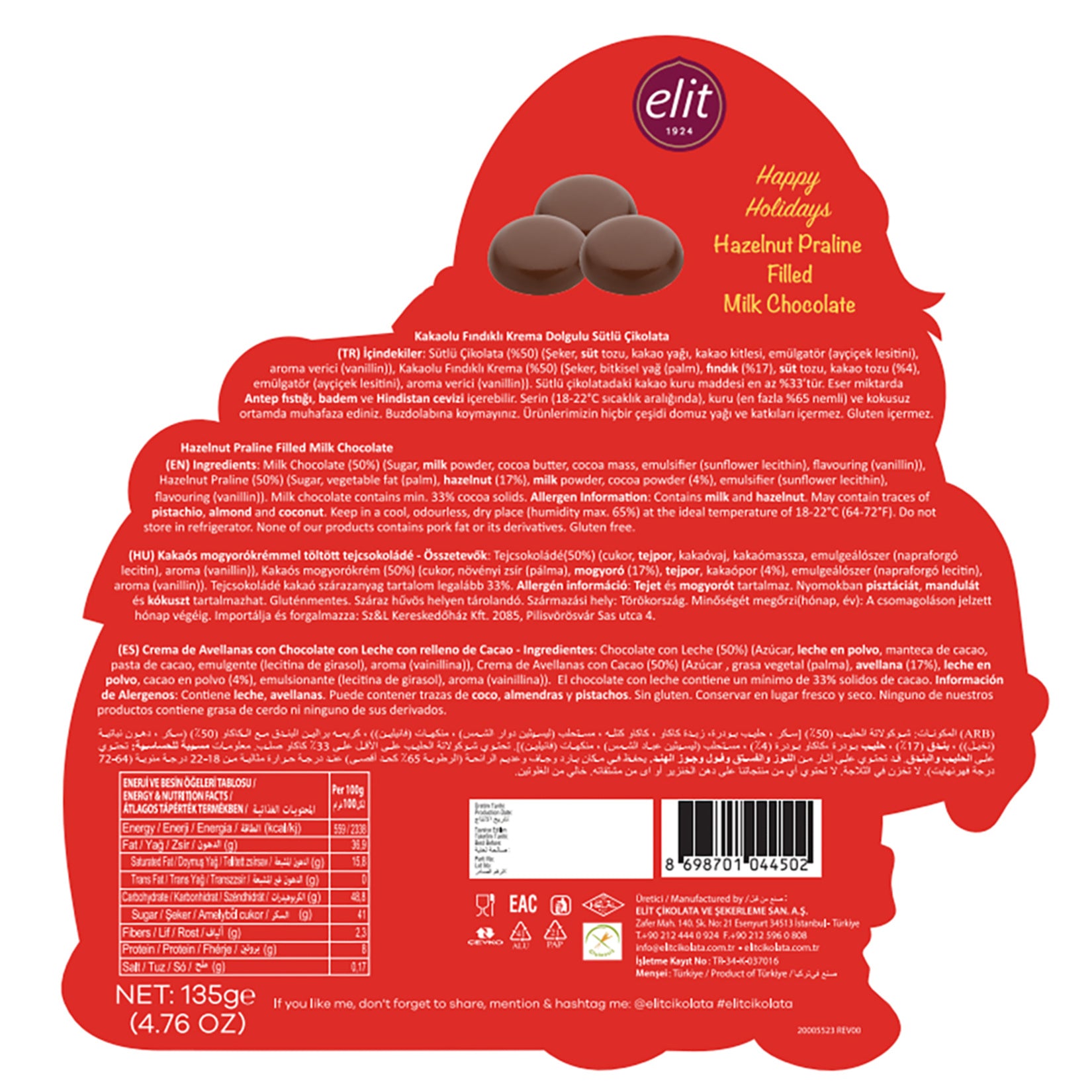 Celebrate the season with Elit Kardan Adam Pralin Dolgulu Sutlu Cikolata, a delightful snowman-shaped milk chocolate filled with smooth cocoa hazelnut praline cream.