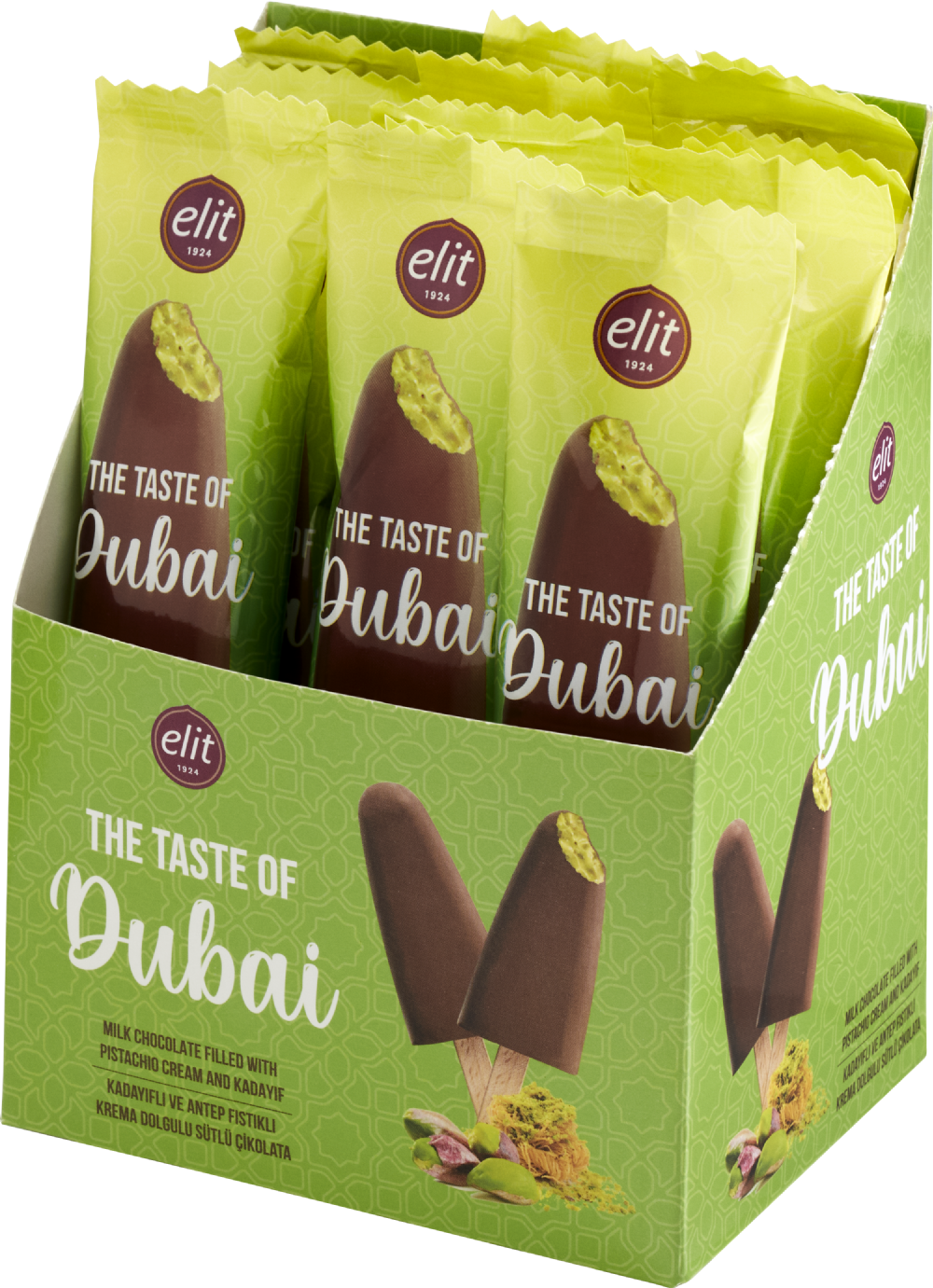 Elit Chocolate Kadayif and Pistachio Cream Filled Dubai Chocolate Lolly Stick 1.05 oz (30g)