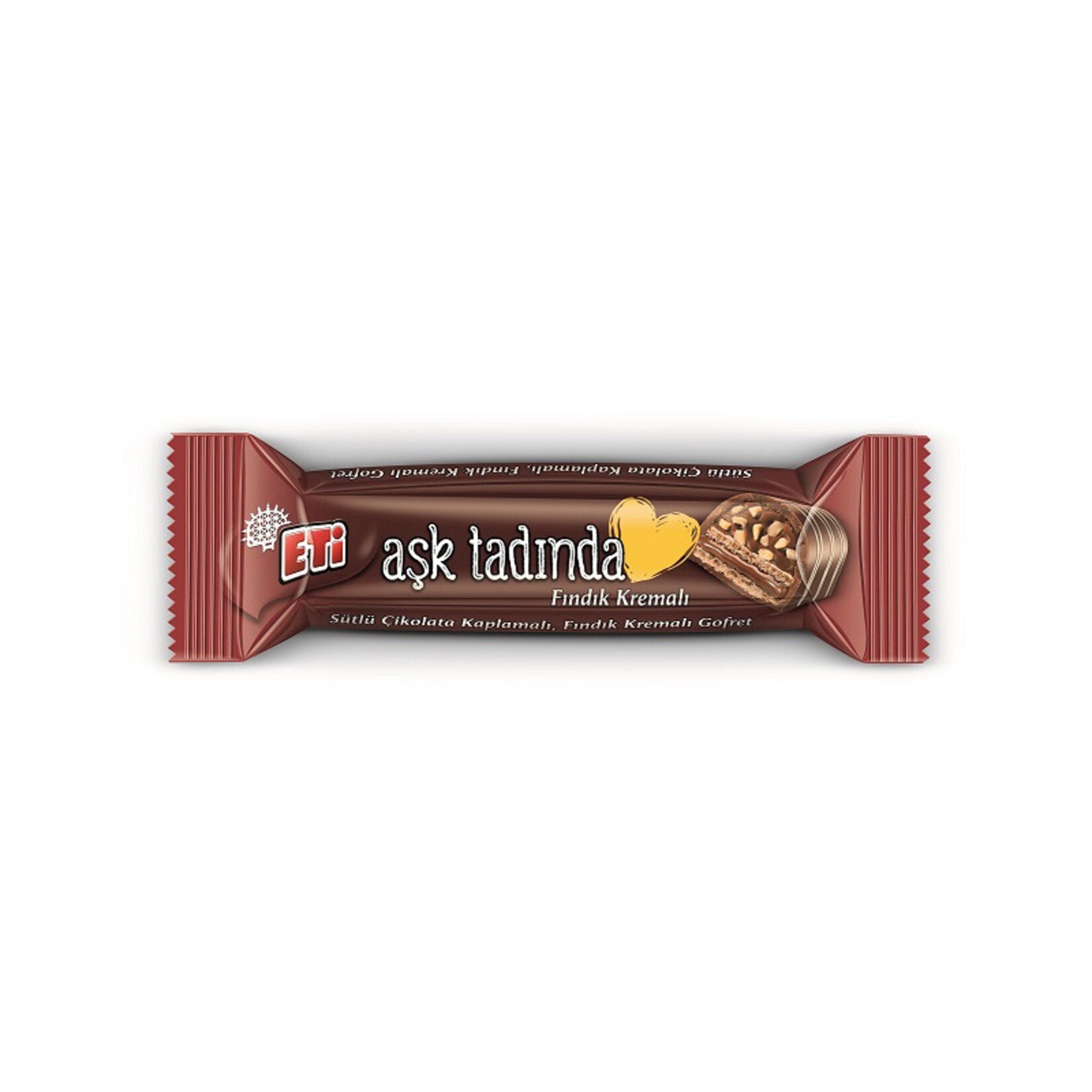 Eti Ask Tadinda Milk Chocolate with Hazelnut Cream is a deliciously rich treat that blends creamy milk chocolate with layers of hazelnut, peanut, and white chocolate.