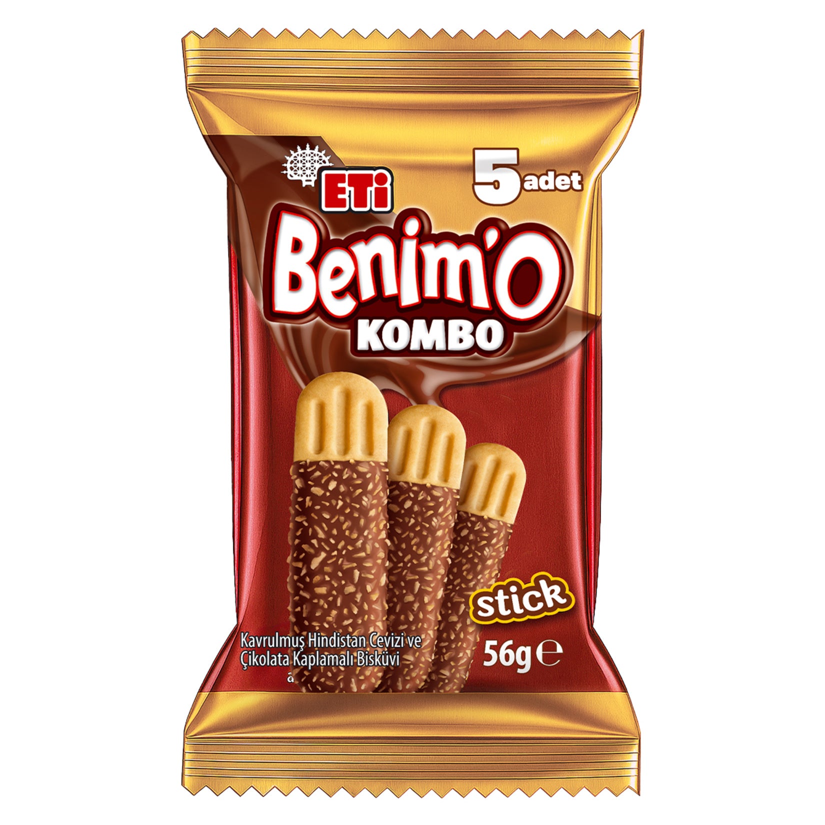 Eti Benimo Kombo Stick brings together the irresistible crunch of biscuit, rich couverture chocolate, and roasted coconut in a deliciously unique treat.