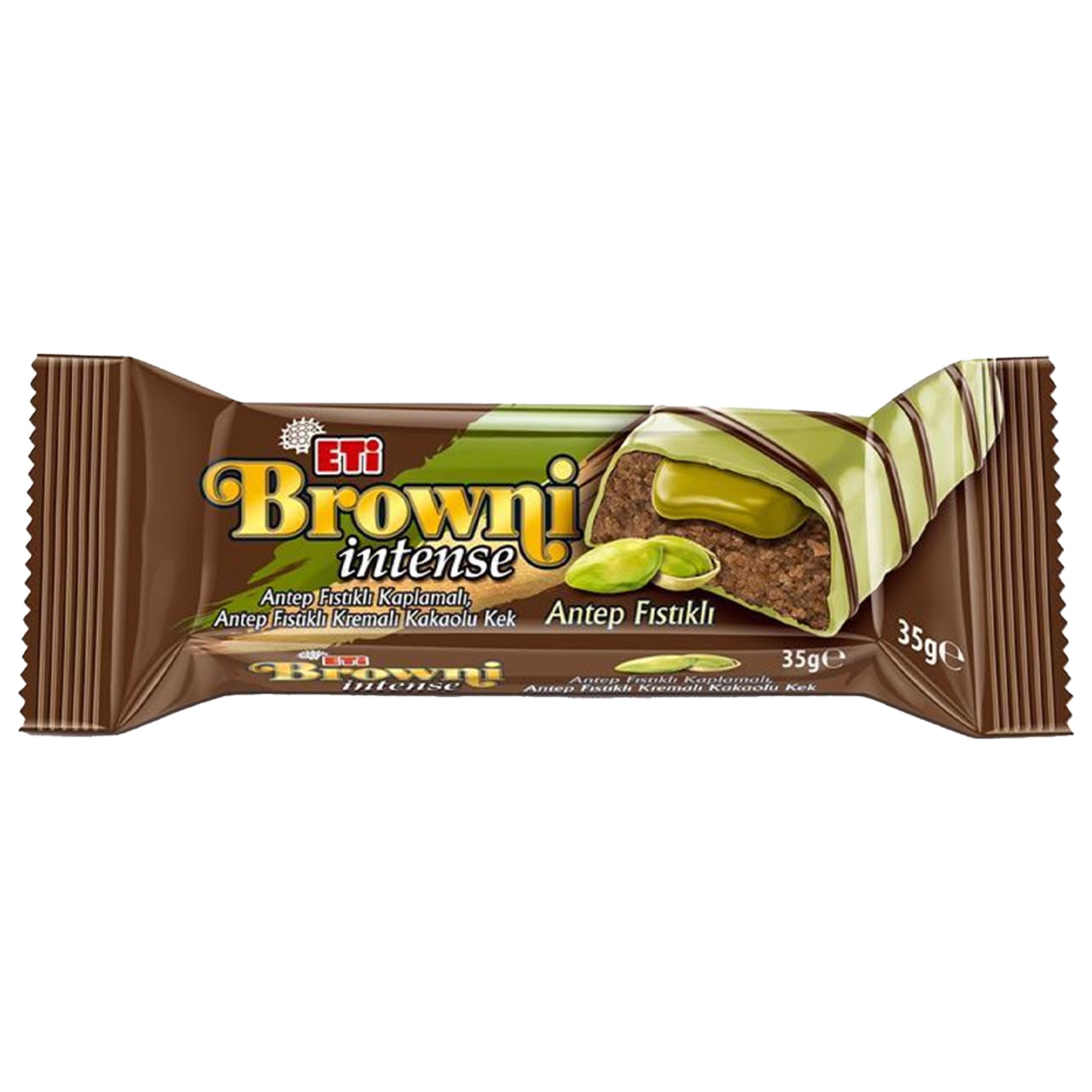 Eti Browni Intense Pistachio Cake Bar offers a rich, moist chocolate cake filled with a luscious pistachio cream and coated in a decadent pistachio glaze.