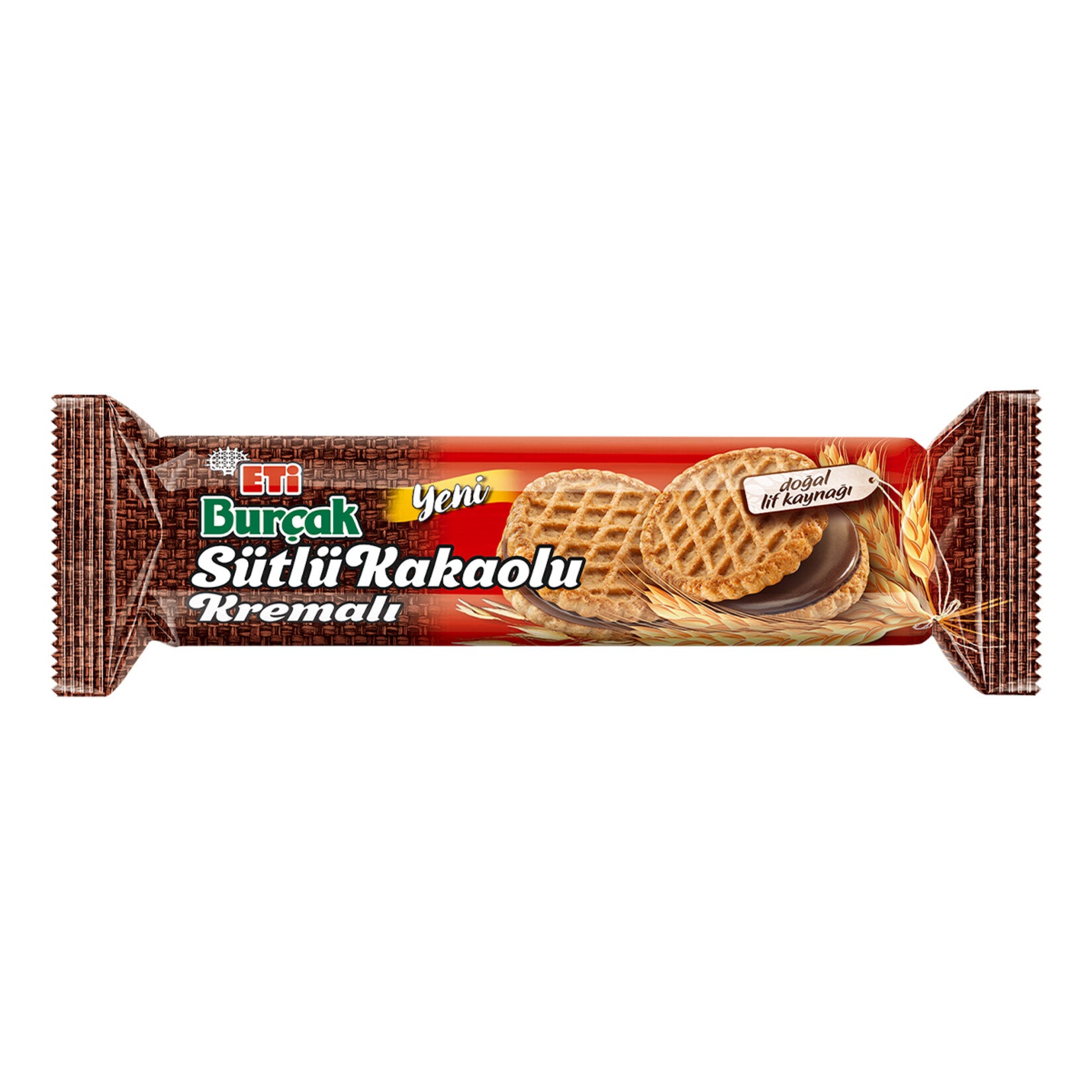 Eti Burcak Kakao Kremali Biskuvi combines hearty whole grains with a smooth cocoa cream filling for a balanced, satisfying snack.