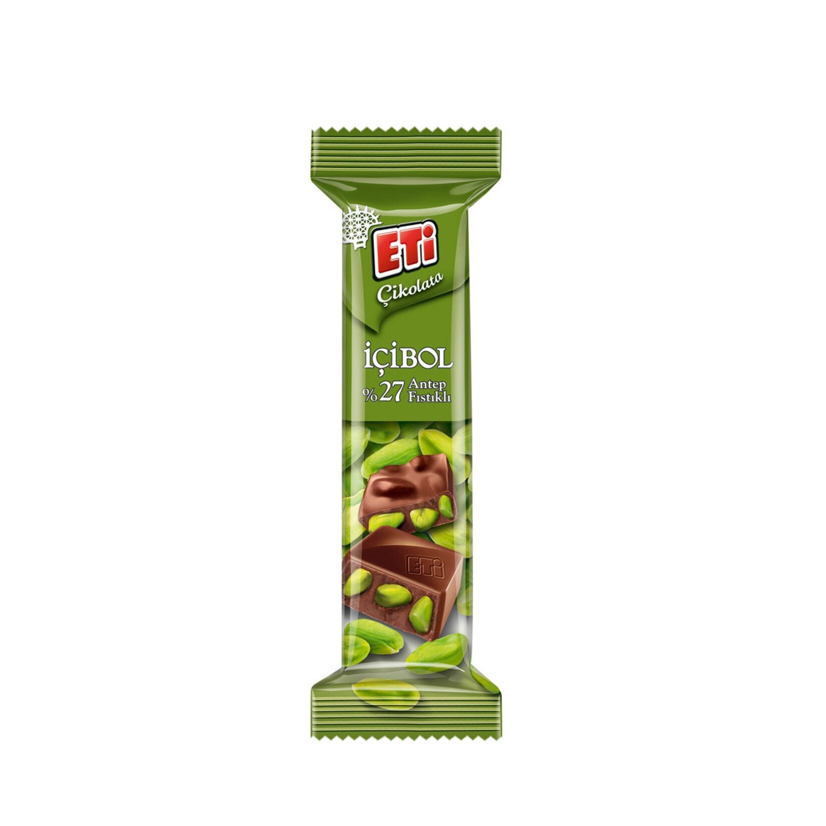Eti Icibol 27% Pistachio Milk Chocolate Bar front packaging