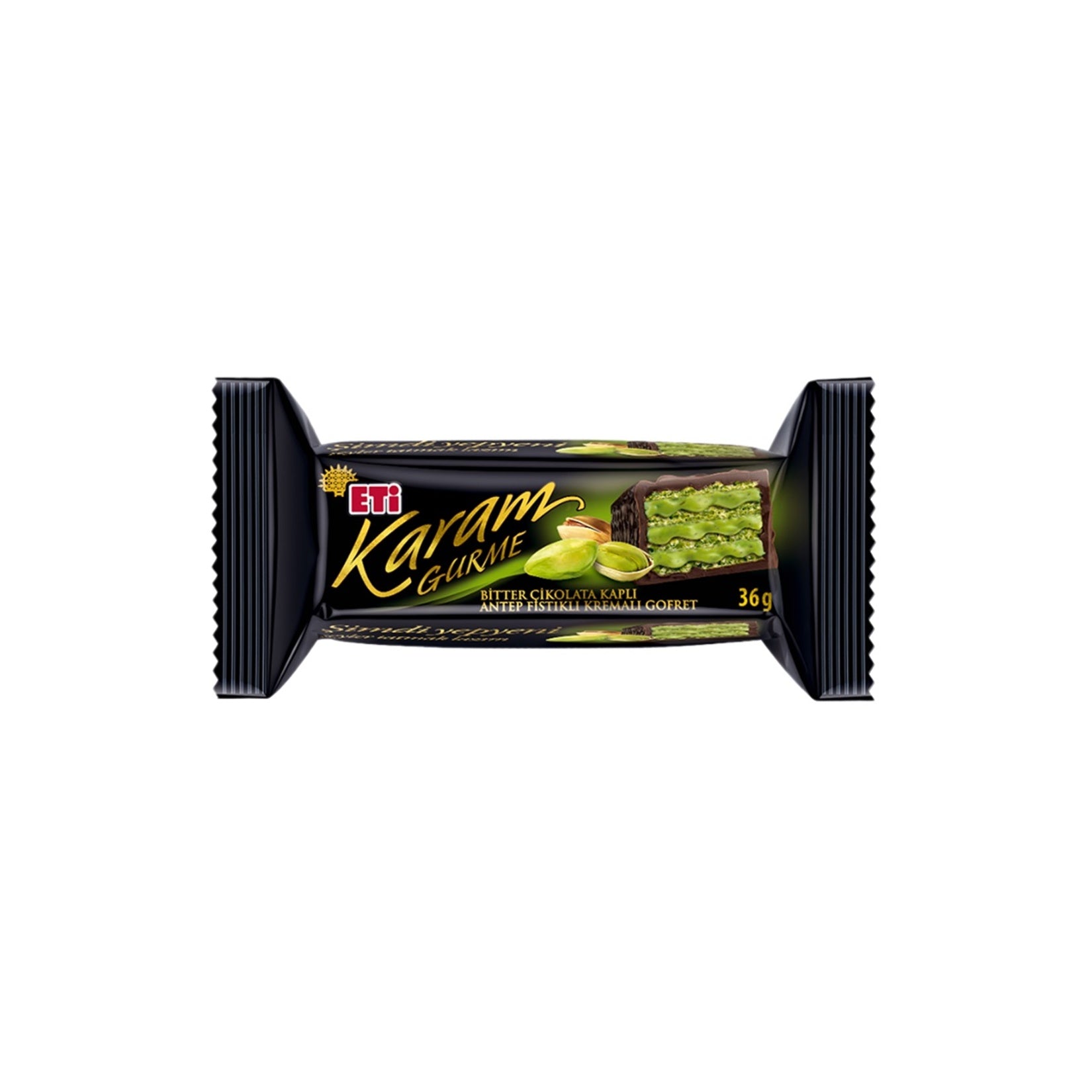 Eti Karam Gurme Pistachio Chocolate Wafer brings together rich dark chocolate and real pistachios for a bold, layered snack experience.