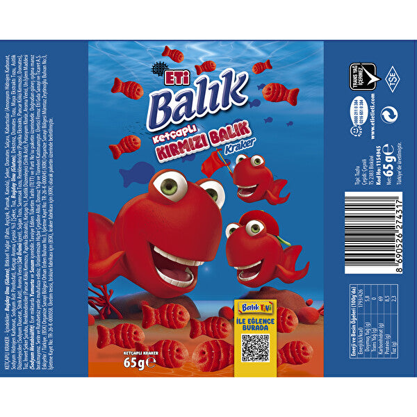 Eti Ketchup Red Fish Crackers 65g back packaging with ingredients