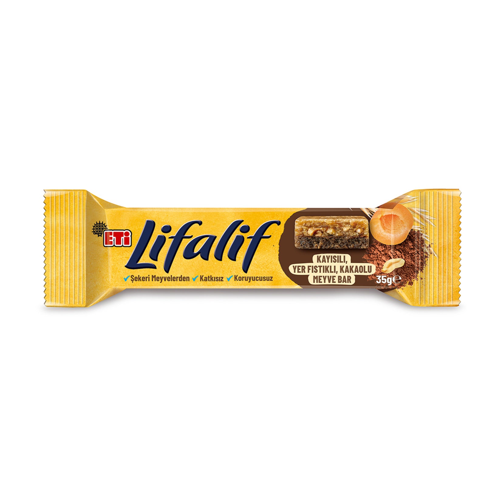 Eti Lifalif Fruit Bar with Peanut and Apricot brings together the natural sweetness of dates and apricots with the satisfying crunch of peanuts and hazelnuts.