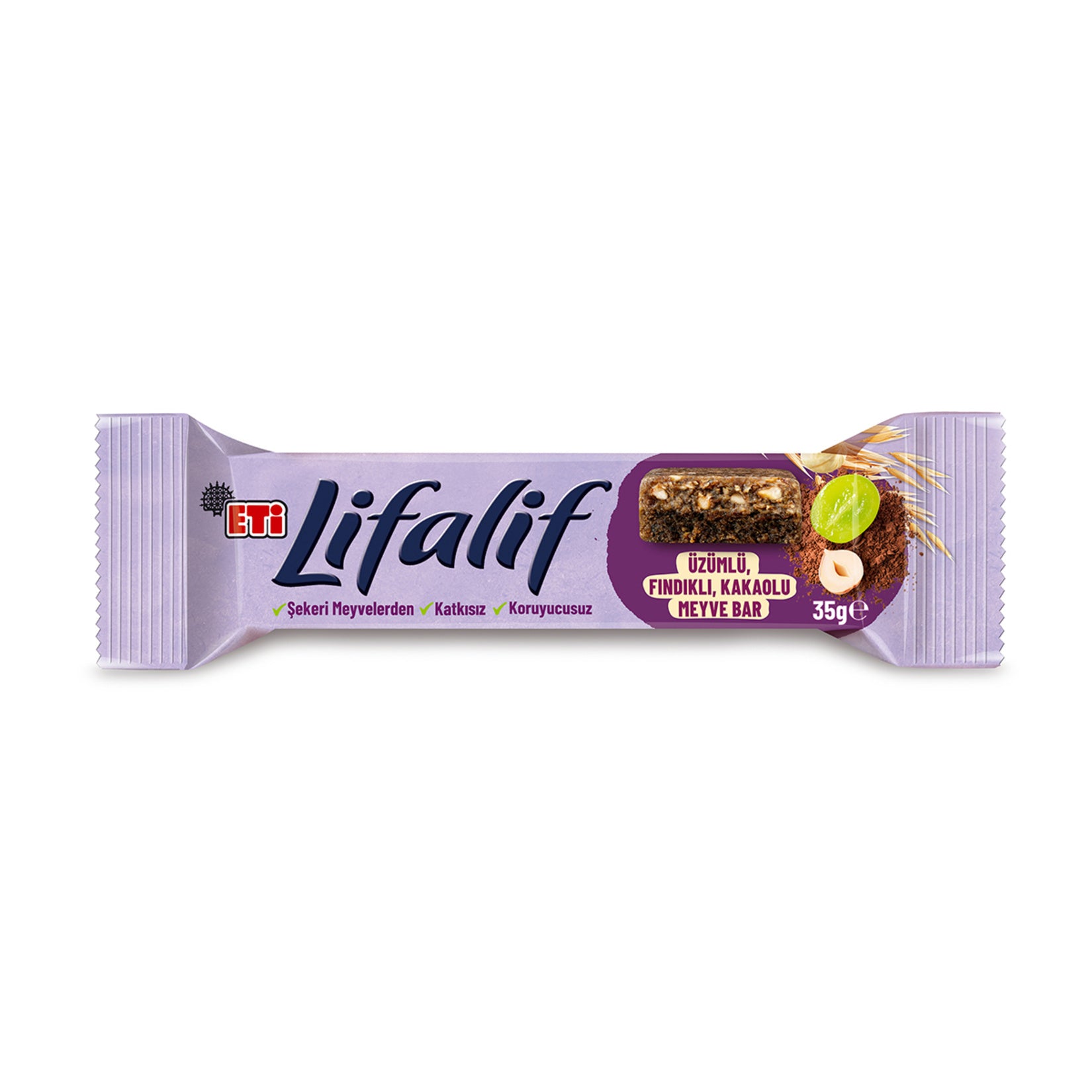 Eti Lifalif Fruit Bar with Raisin, Hazelnut & Cacao is a wholesome snack made with naturally sweet dates and raisins, blended with gluten-free oats, nuts, and a touch of cacao.