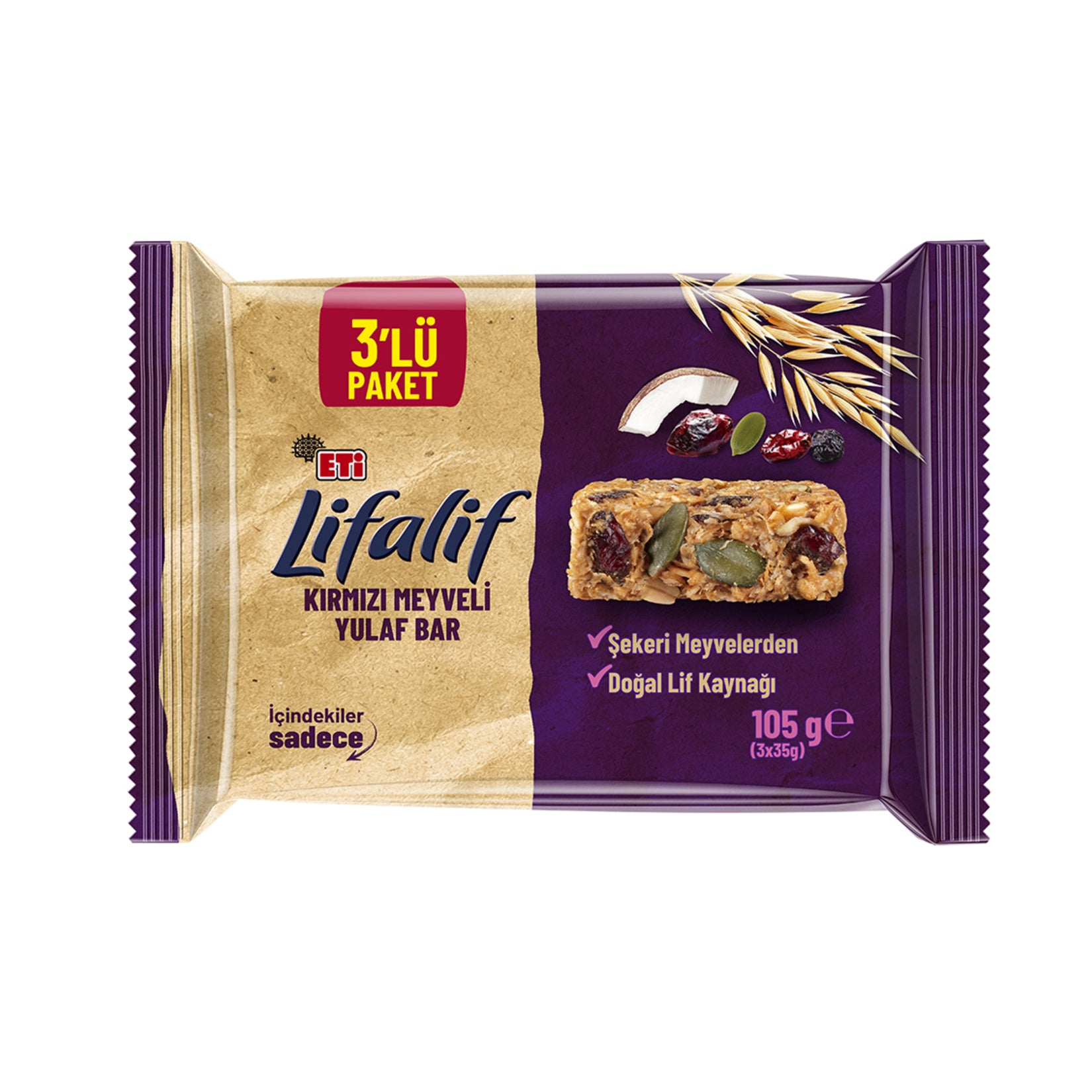 Enjoy a wholesome snack with the Eti Lifalif Red Fruit Oat Bar, packed with the natural goodness of oats, cranberries, cherries, and pumpkin seeds.