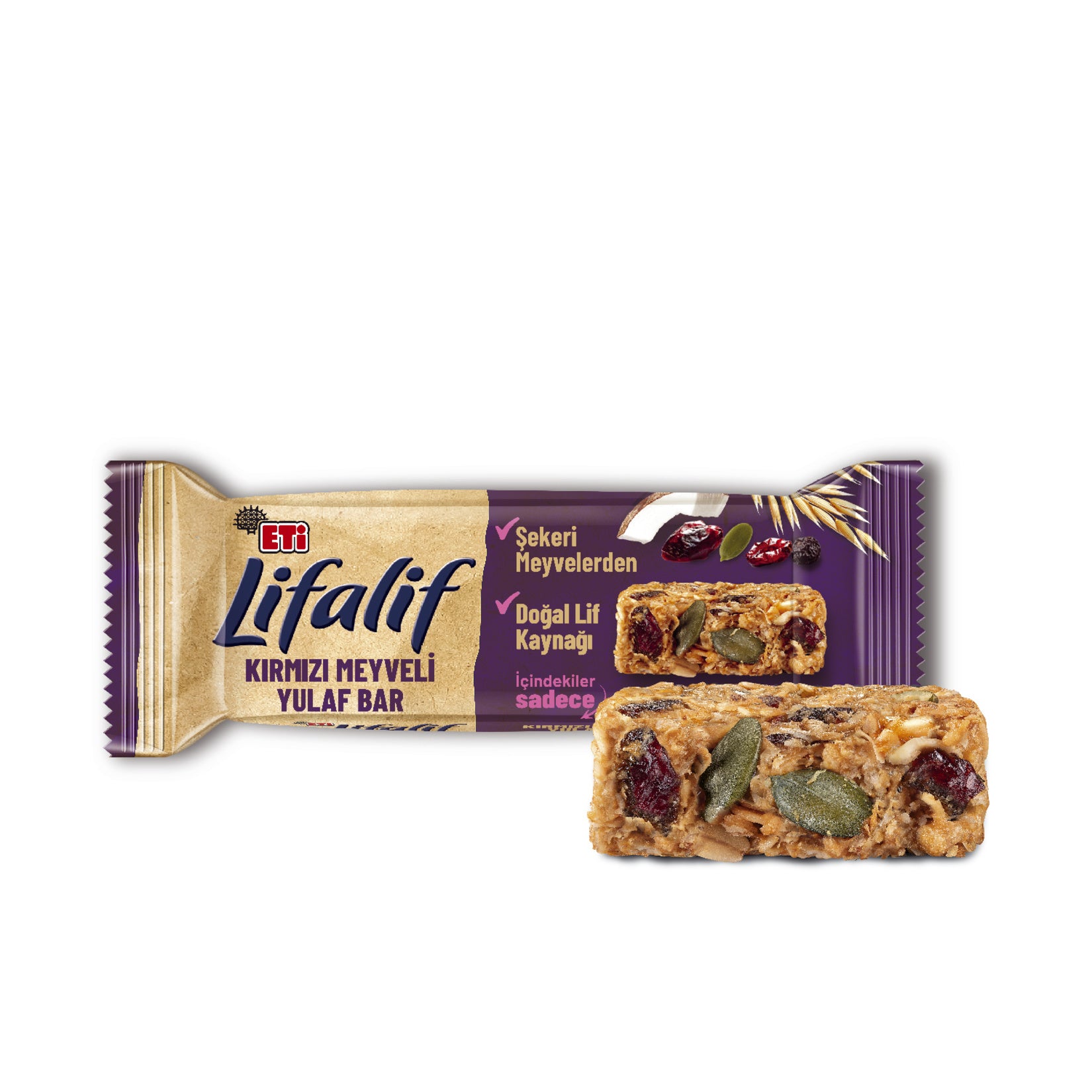 Enjoy a wholesome snack with the Eti Lifalif Red Fruit Oat Bar, packed with the natural goodness of oats, cranberries, cherries, and pumpkin seeds.