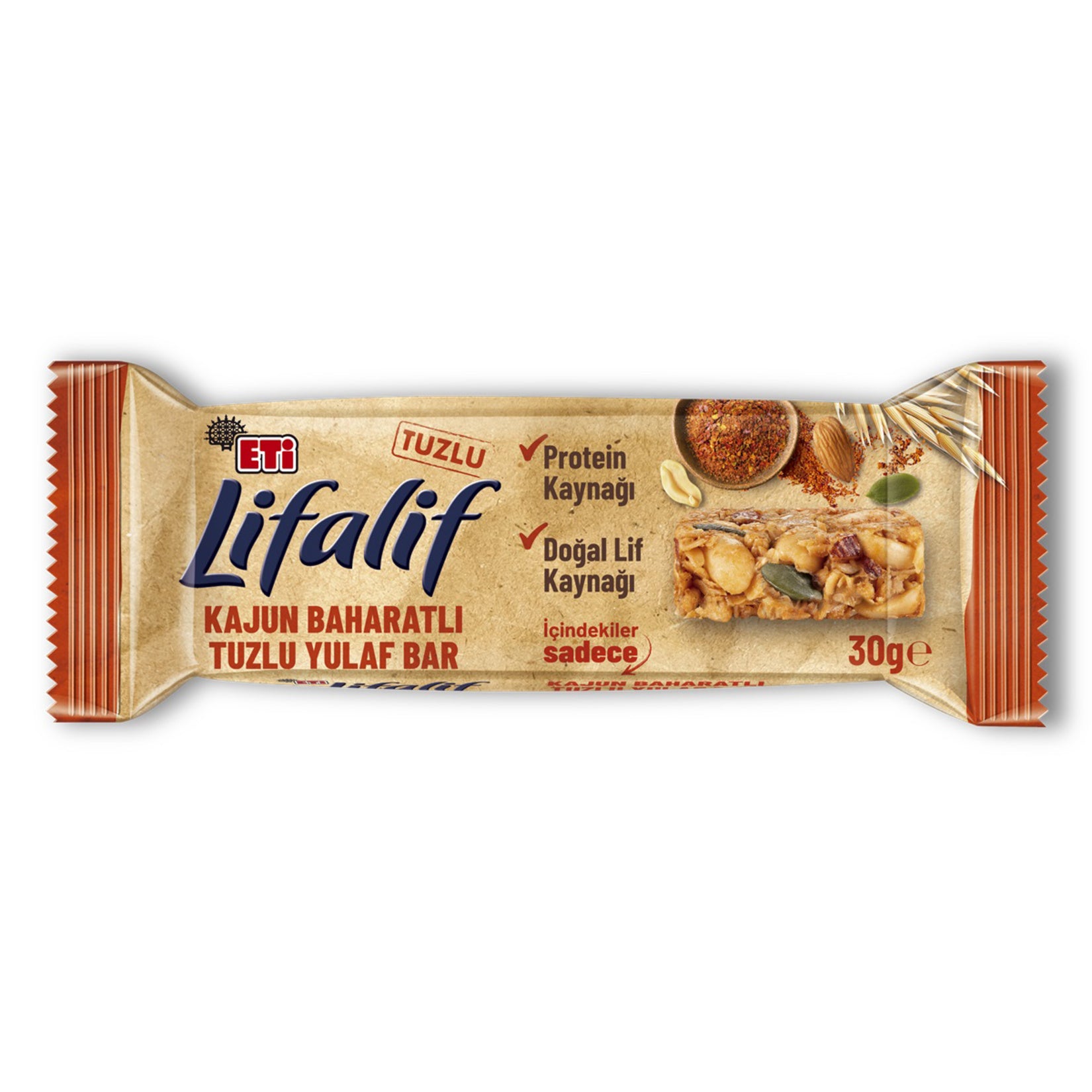 Eti Lifalif Savory Bar Cajun Spiced offers a deliciously bold and nutritious snack option, packed with whole grain oats, sunflower seeds, peanuts, and a zesty Cajun seasoning blend.