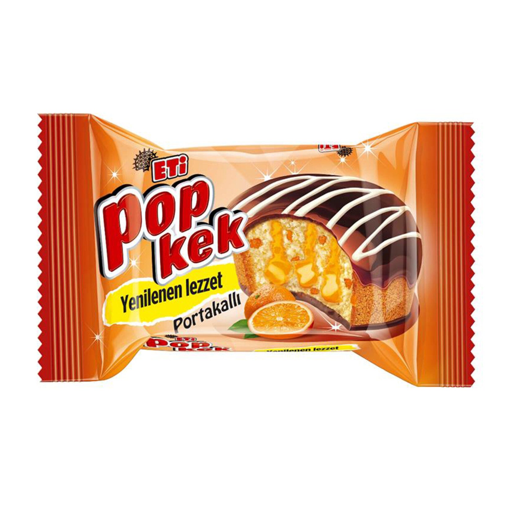 Eti Popkek Orange Cream Cake blends the rich taste of moist cake with a refreshing orange cream filling and a chocolate coating for a delightful snack experience.