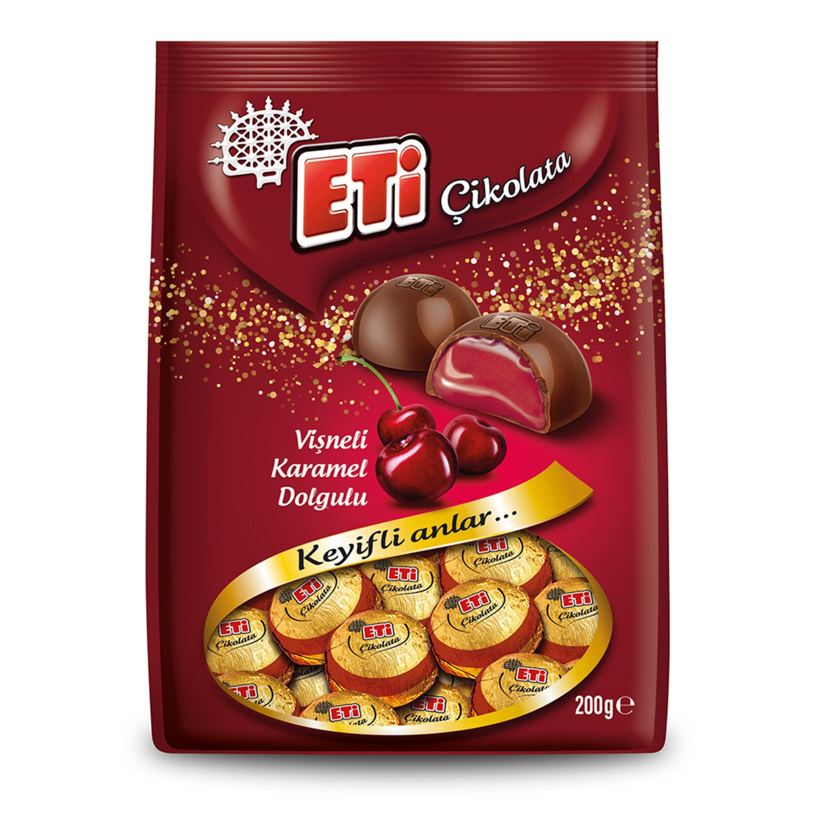 Eti Visneli Caramel Filled Milk Chocolate brings together smooth milk chocolate and a fruity cherry caramel center for a rich, layered flavor experience.