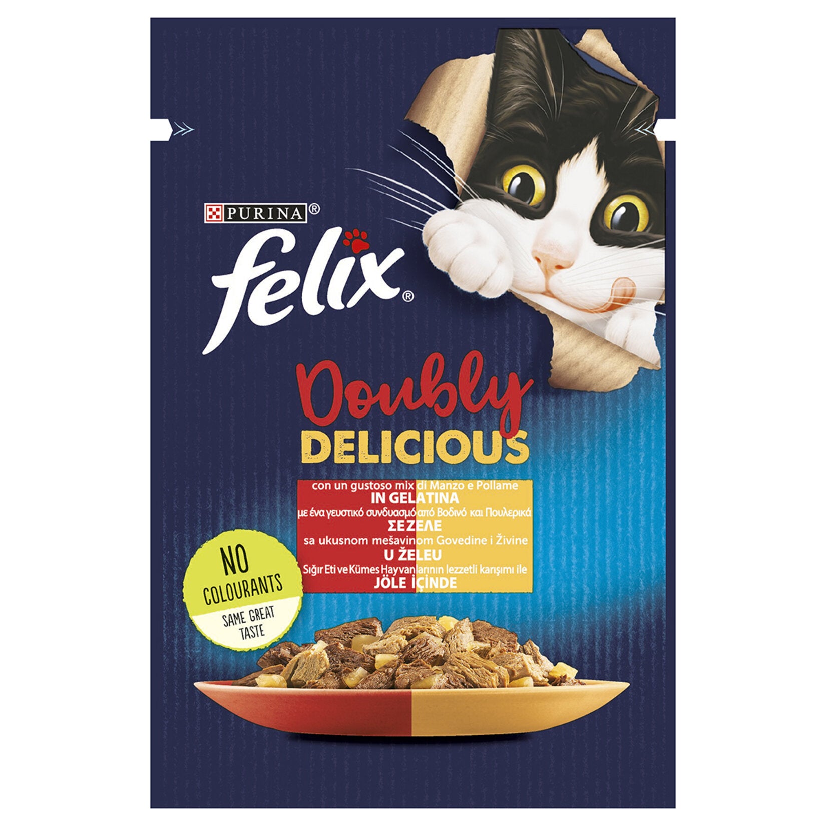 Felix Beef & Chicken Wet Cat Food 85 g is a savory dual-flavor meal made with tender pieces containing beef and poultry.