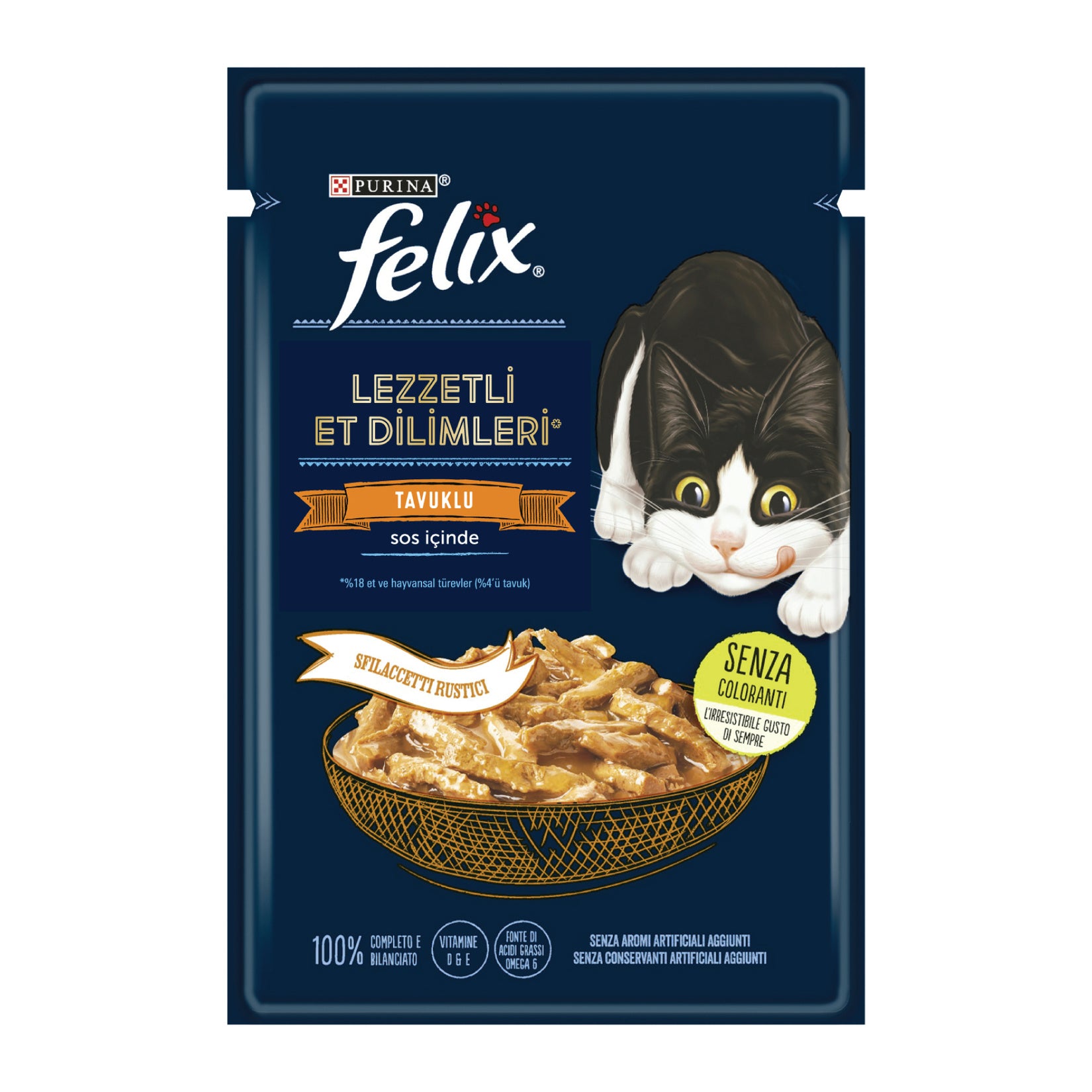 Felix Chicken Wet Cat Food Pouch 80g is a complete and balanced wet food made with tender pieces prepared with chicken for adult cats.