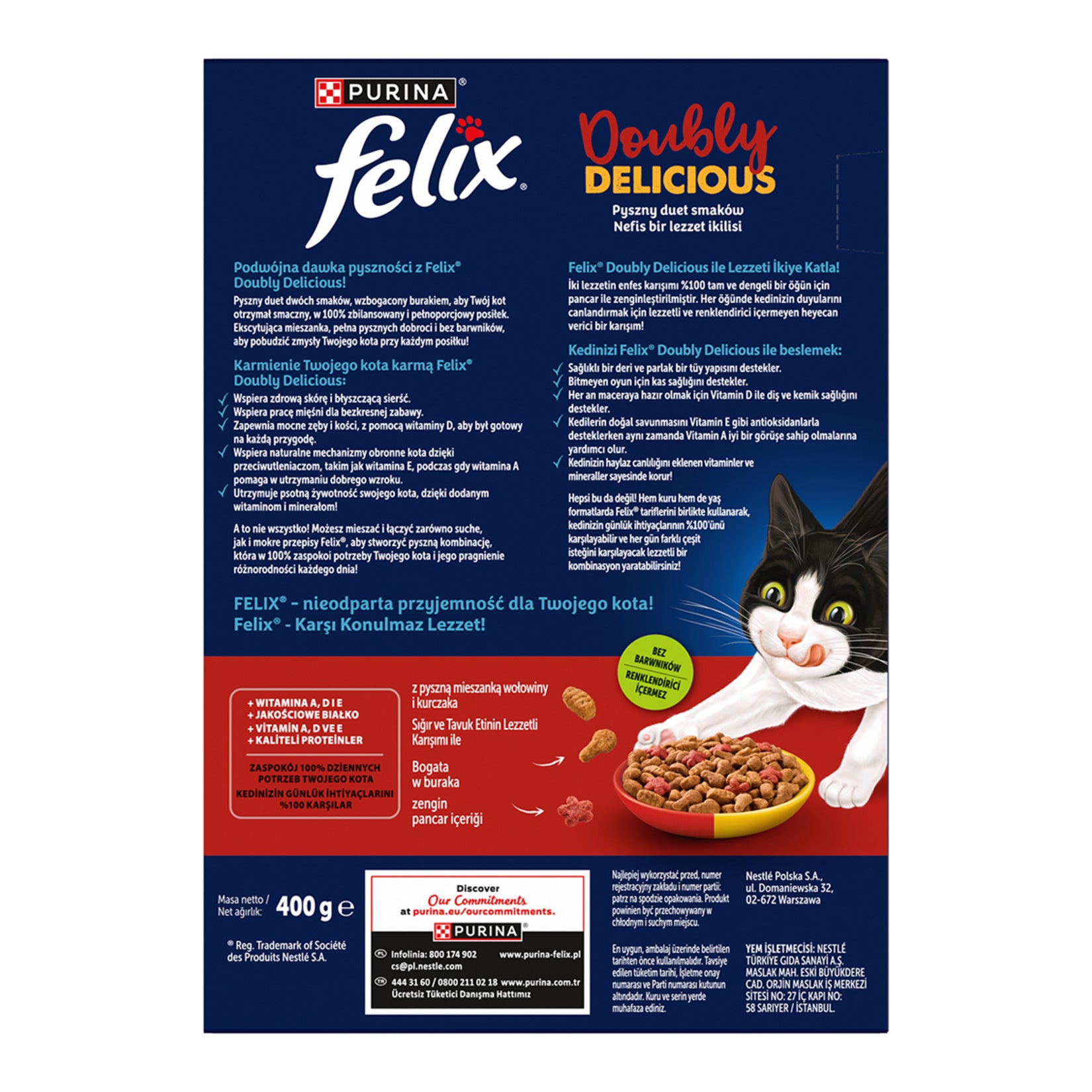 Felix Doubly Delicious Beef Cat Food 400 g is a complete and balanced dry food formulated for adult cats.