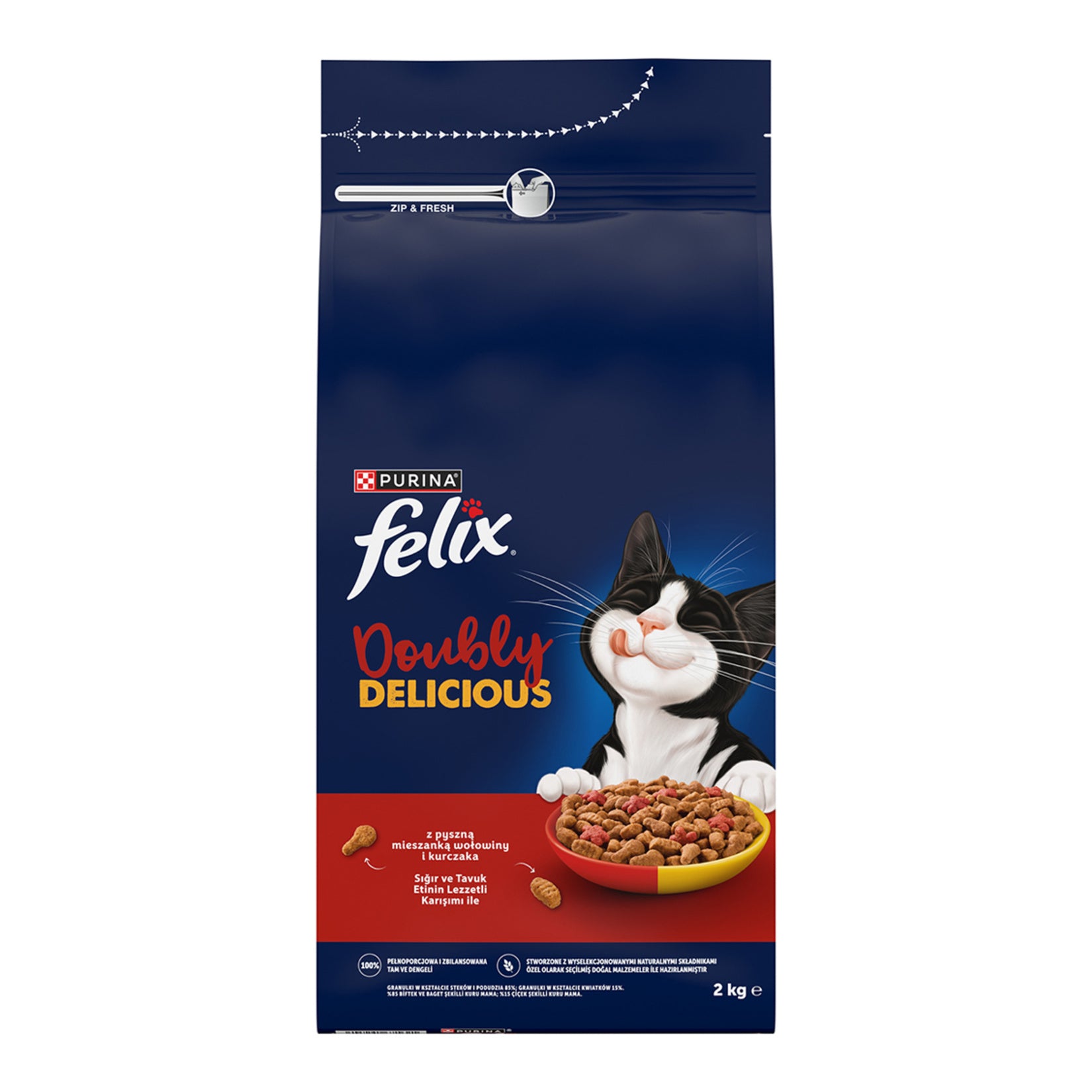 Felix Doubly Delicious Beef & Chicken Dry Cat Food is a complete and balanced dry food designed for adult cats.