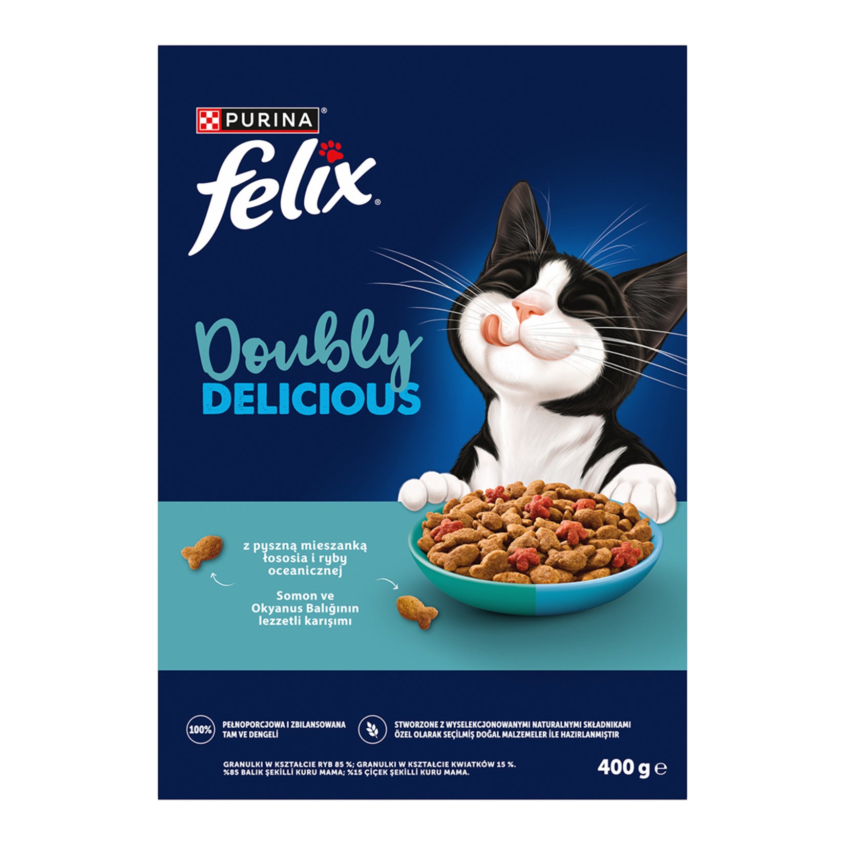 Felix Doubly Delicious Salmon & Ocean Fish Dry Cat Food 400g is a complete and balanced dry food developed for adult cats.