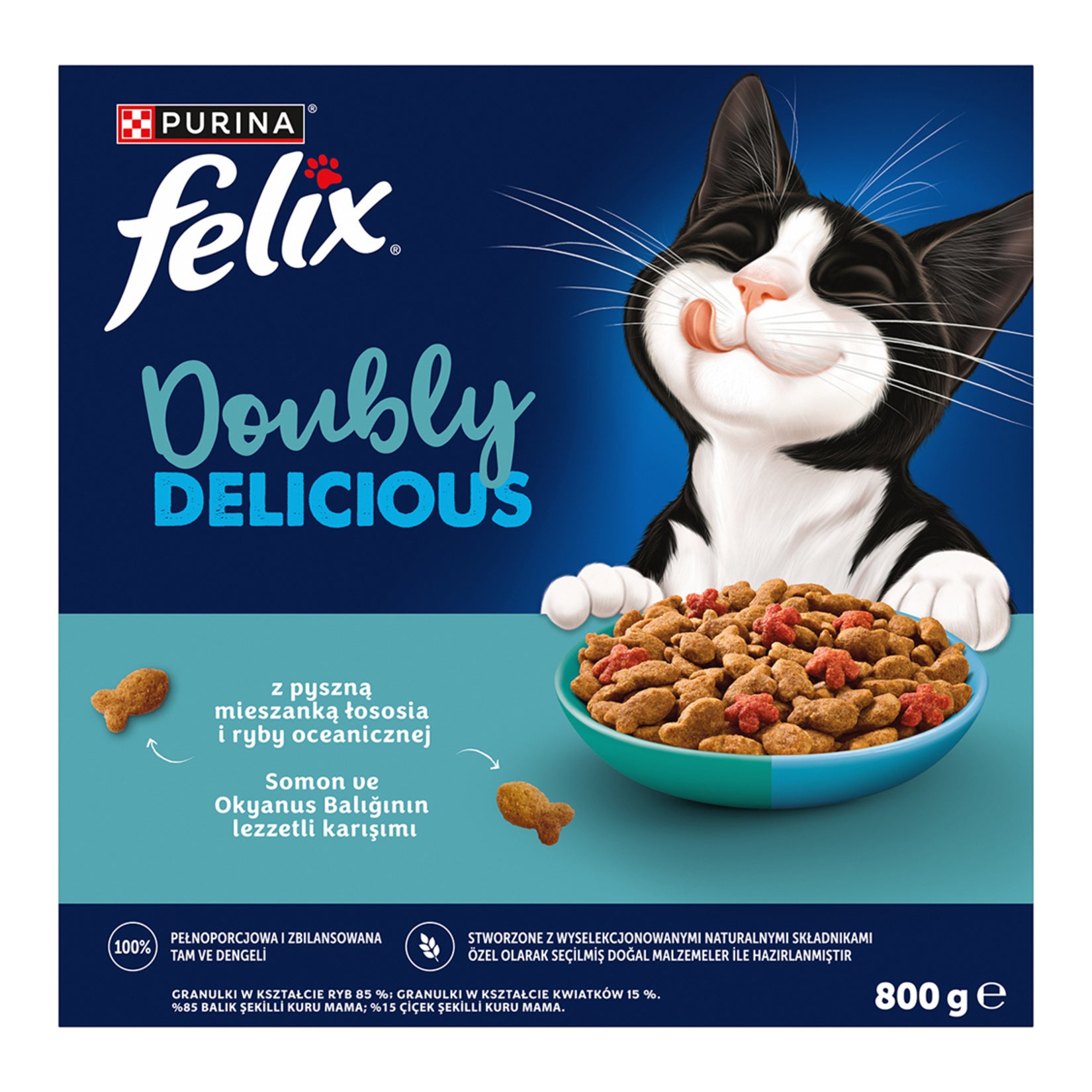 Felix Doubly Delicious Salmon & Ocean Fish Dry Cat Food is a flavorful dry formula specially crafted for adult cats who enjoy variety in every bite.