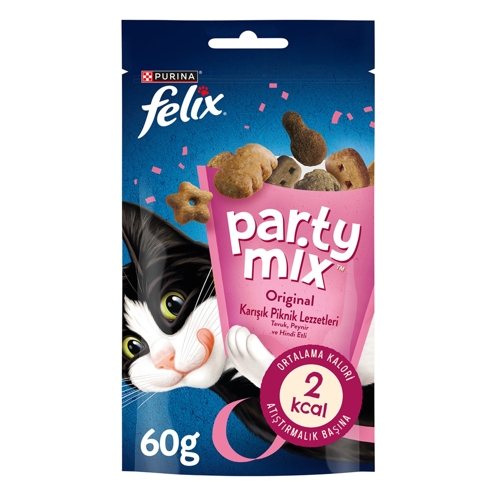 Felix Party Mix Mixed Picnic is a flavorful cat treat crafted for adult cats who enjoy a variety of savory tastes in every bite.