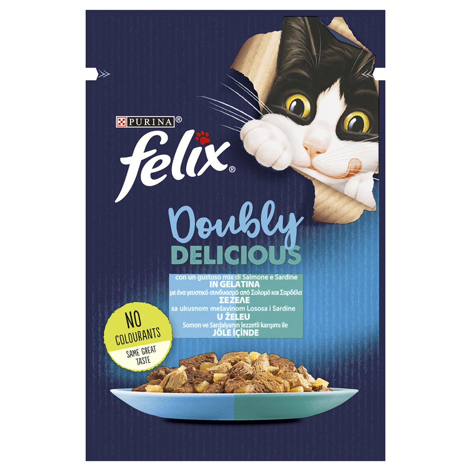Felix Salmon and Sardine Wet Cat Food Pouch 85 g is a flavorful dual-recipe meal made with salmon and sardines, carefully prepared to provide complete and balanced nutrition for adult cats.