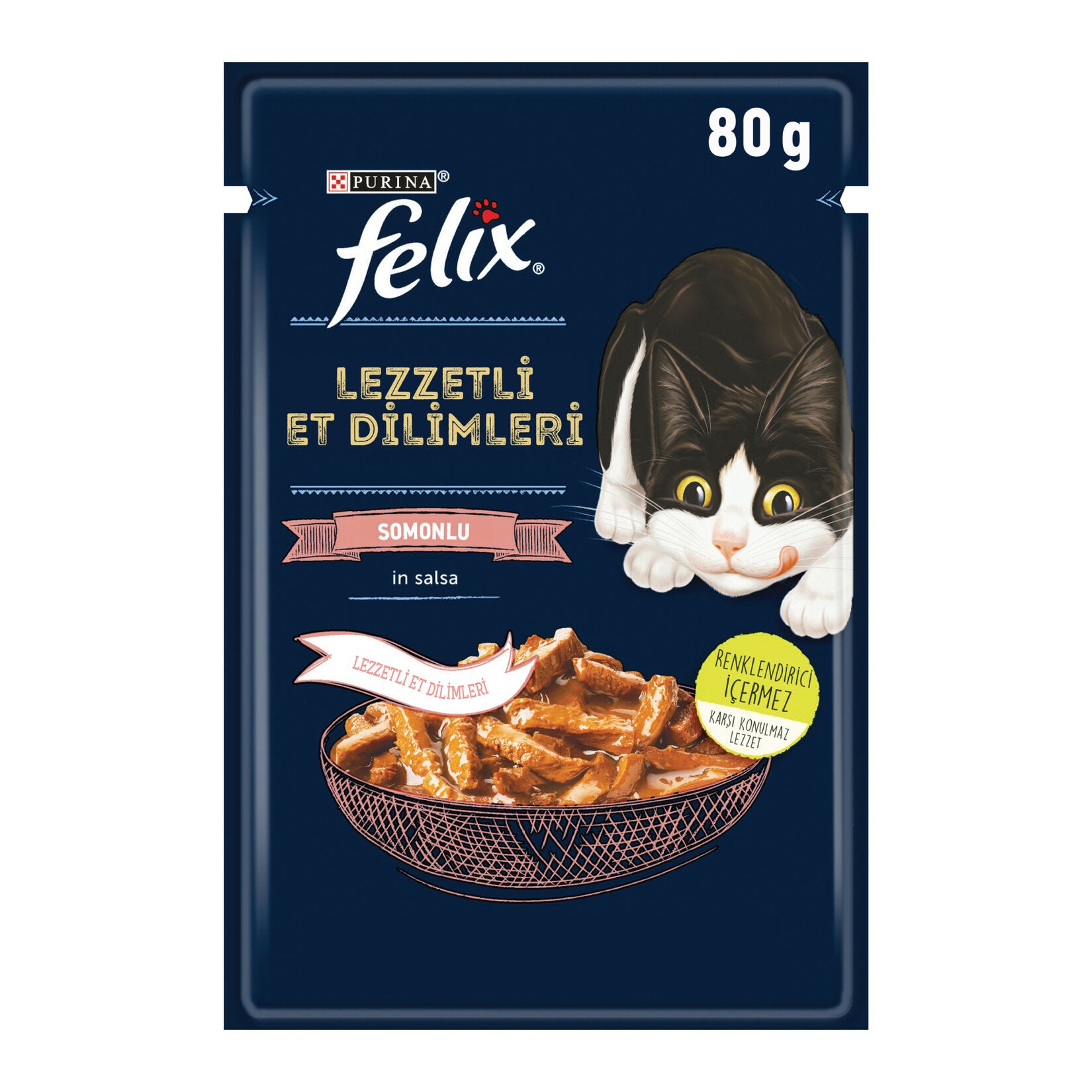 Felix Salmon Wet Cat Food is a flavorful complete meal made with tender slices in gravy, specially prepared for adult cats.