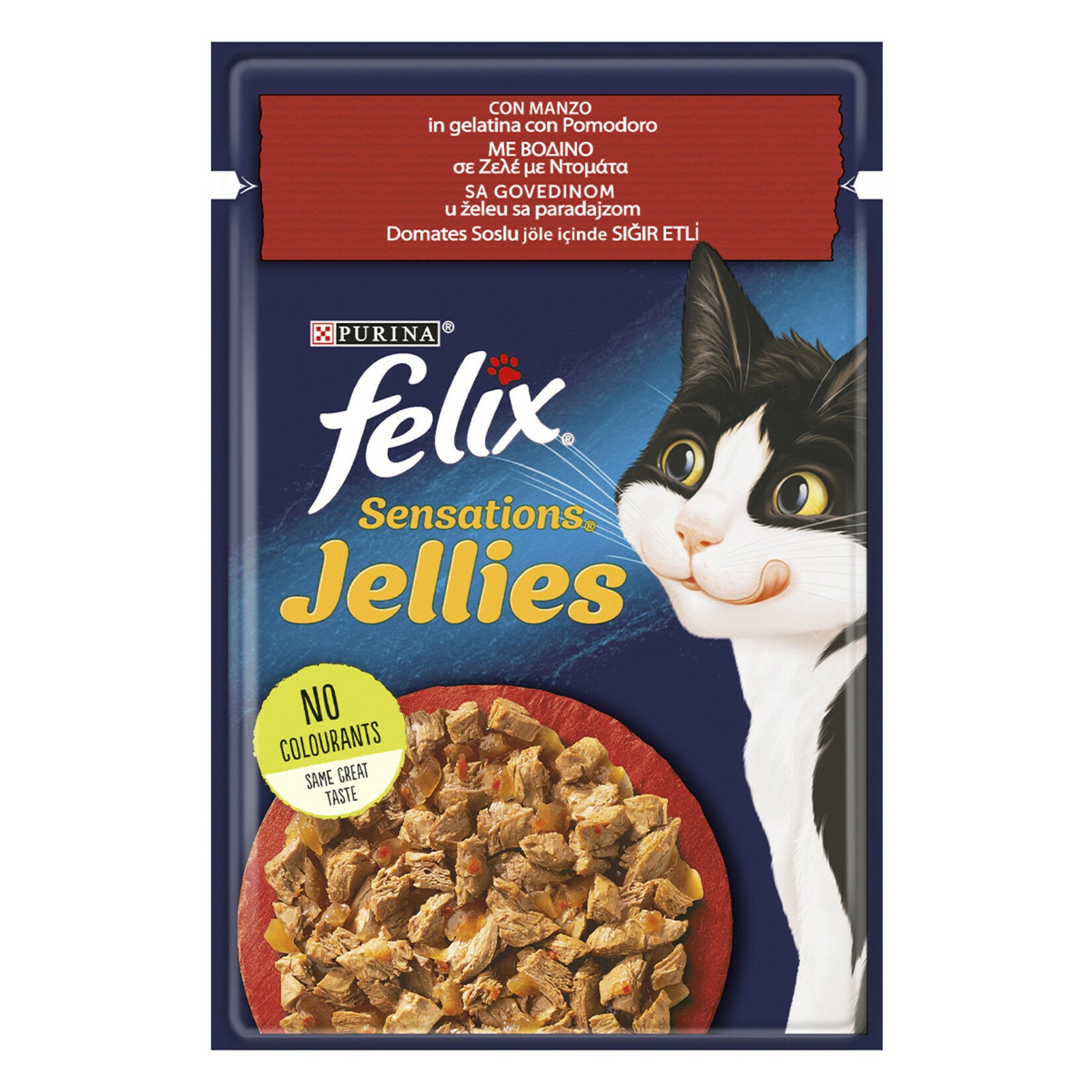 Felix Sensation Beef & Tomato Wet Cat Food 85g is a flavorful complete wet meal made with tender pieces of meat and animal derivatives, including 4% beef, combined with vegetables such as dried tomato (0.9%, equivalent to 11% tomato in jelly).