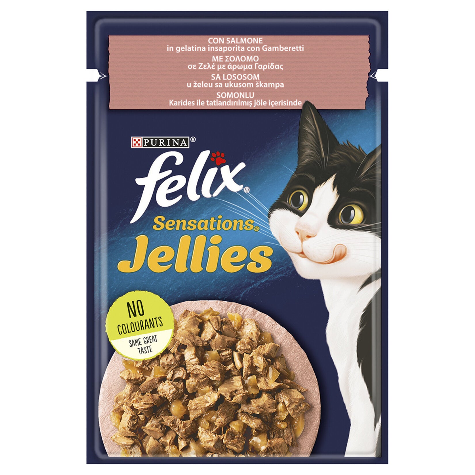 Felix Sensations Salmon & Shrimp Wet Cat Food Pouch 85g is a flavorful and balanced meal made with tender chunks in a savory gravy.