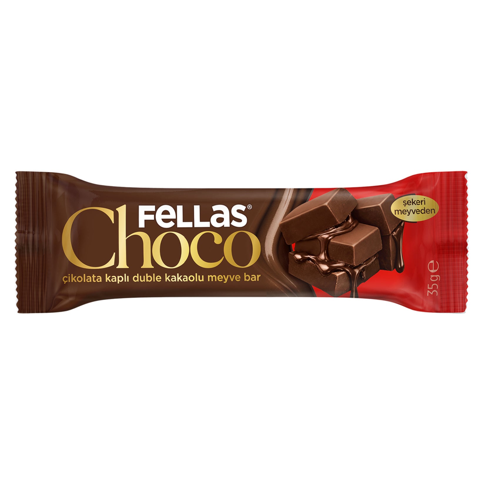 Fellas Double Cacao Chocolate Covered Fruit Bar is a satisfying snack made with naturally sweet dates and coated in rich no added sugar chocolate.