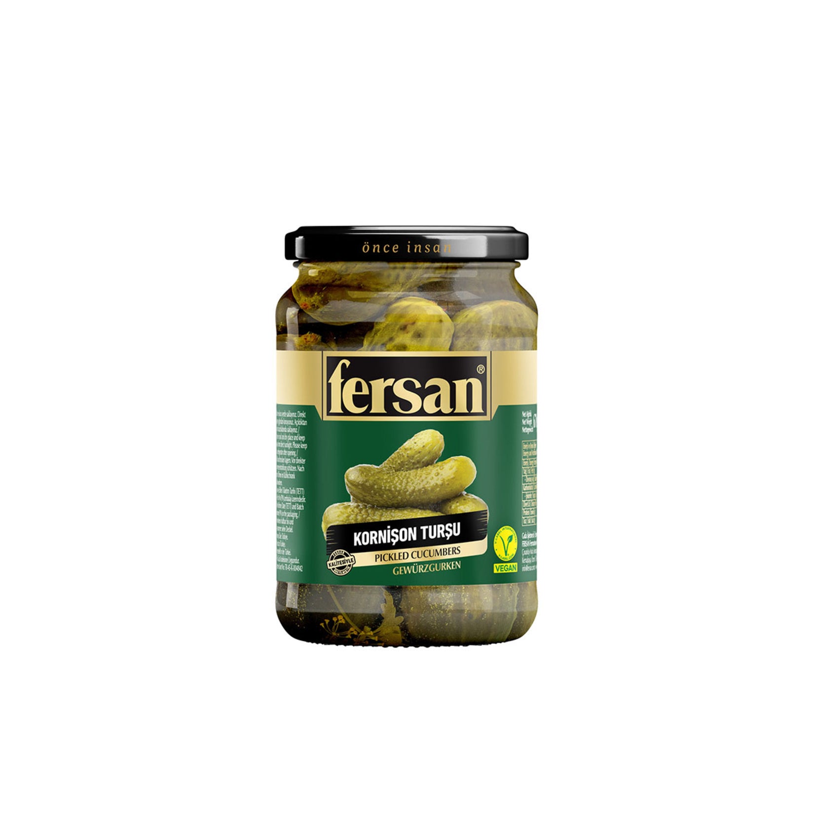 Add bold, tangy flavor to your meals with Fersan Kornison Pickles, made from carefully selected small cucumbers and traditionally pickled for a crisp bite.
