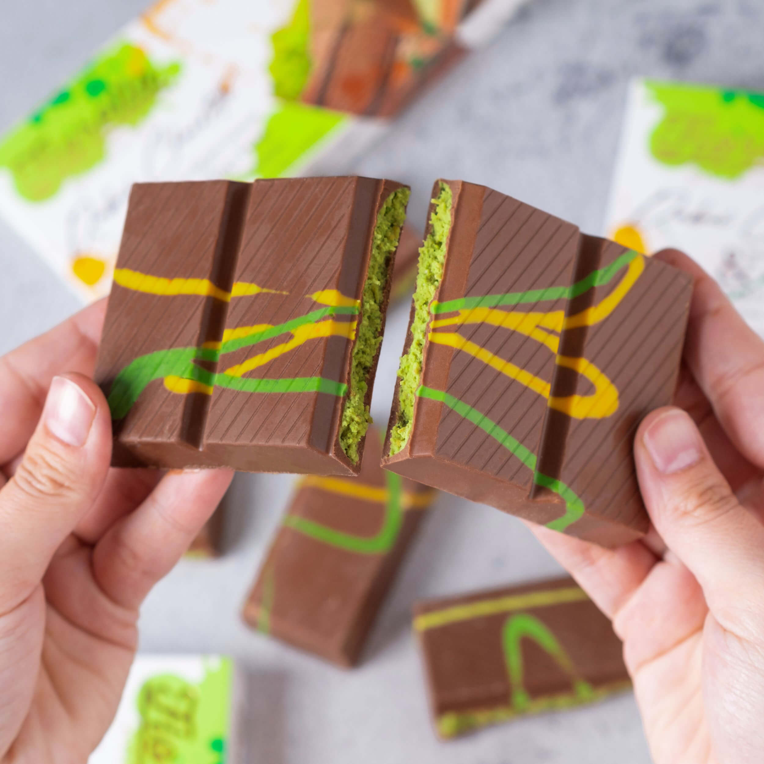 Close-up of Fiorella Dubai Chocolate Showing Smooth Milk Chocolate Coating and Crispy Kadayif Layers