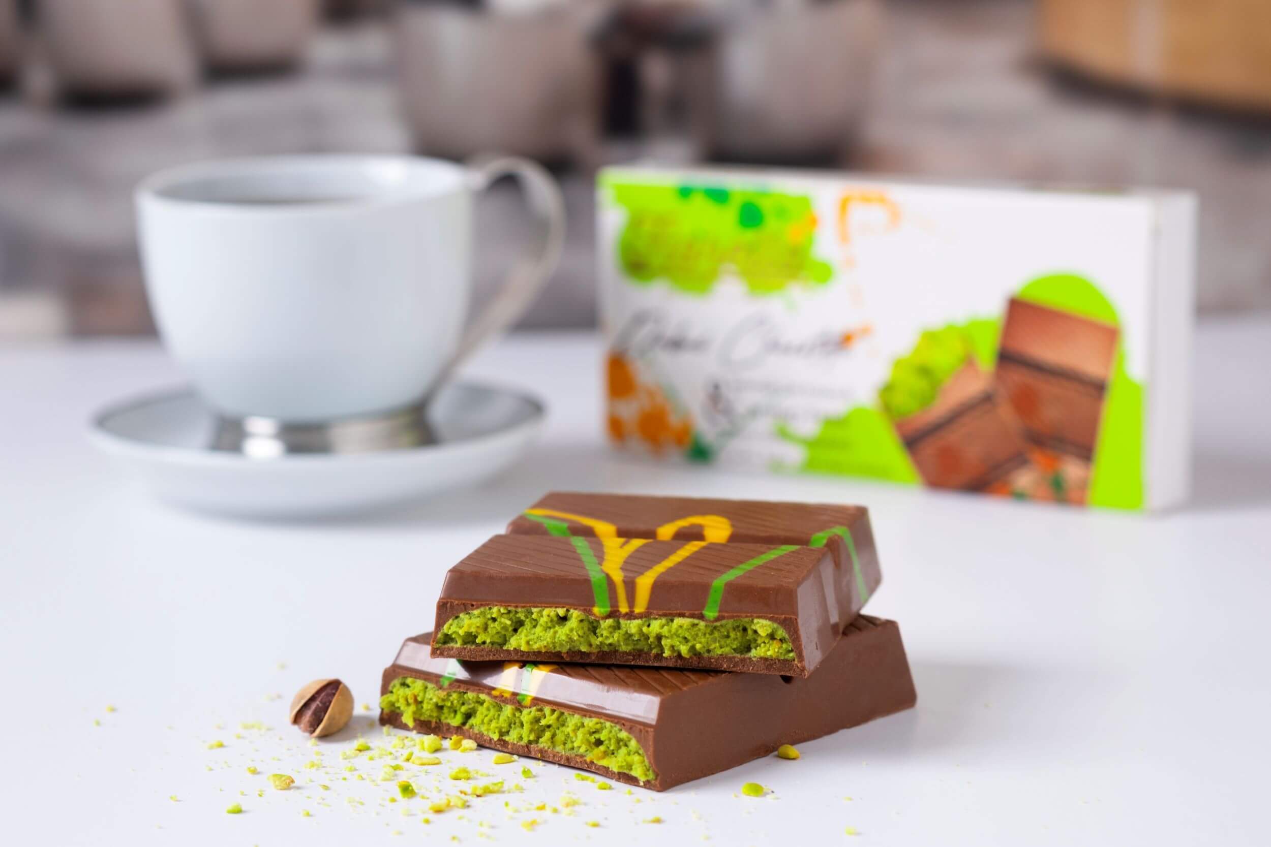 Fiorella Dubai Chocolate Next to a Cup of Filter Coffee – Ideal Pairing for a Sweet Treat