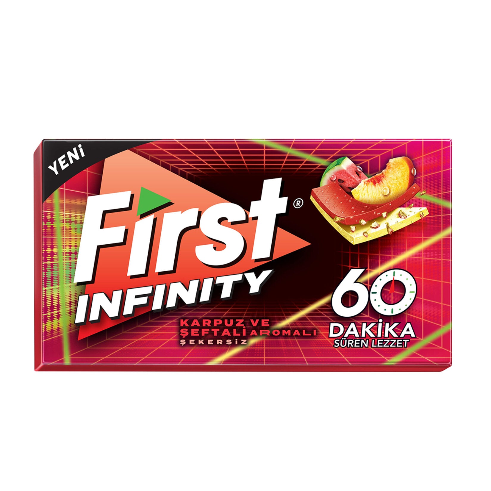 First 60Dk Infinity Watermelon & Peach Sugar Free Gum delivers a refreshing burst of fruity flavor in every chew.