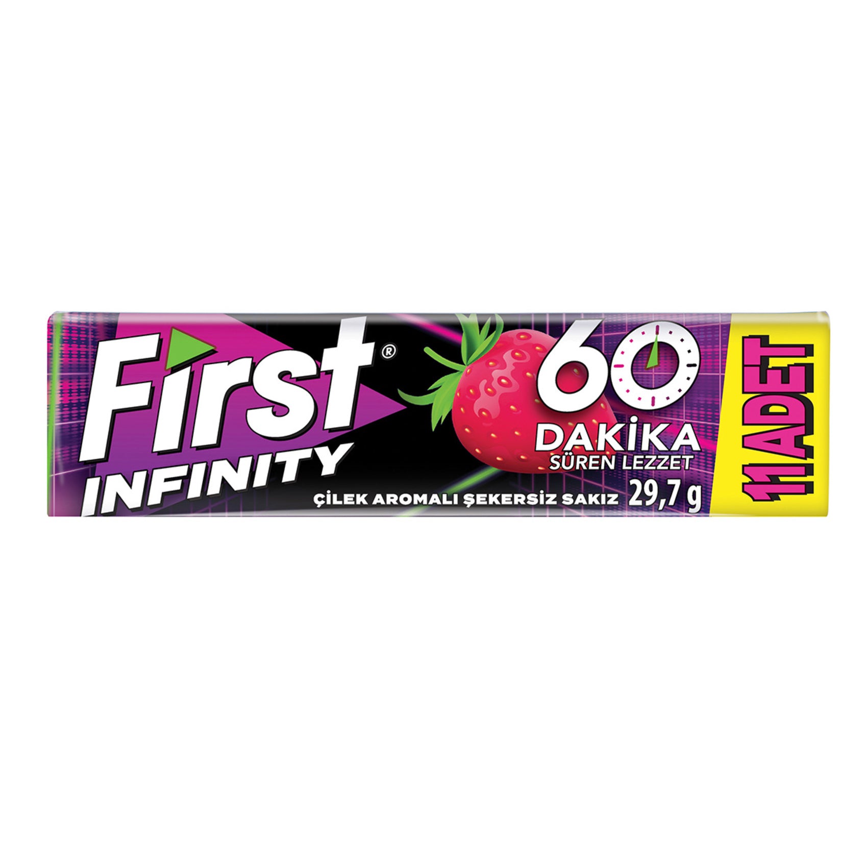 First Infinity 11S Strawberry Stick Gum delivers a refreshing burst of strawberry flavor in a convenient stick format.