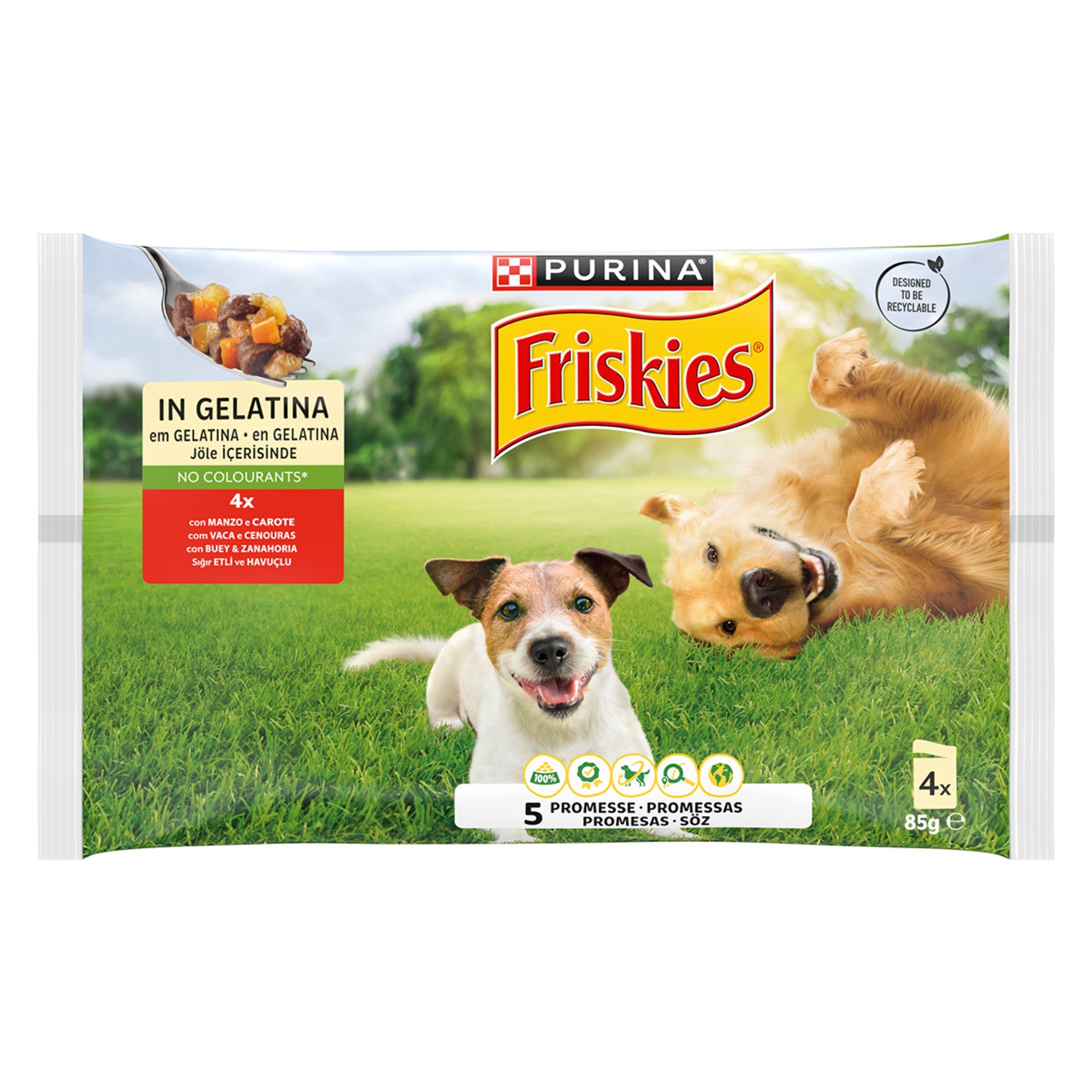 Friskies Beef & Carrot Wet Dog Food is a convenient multipack of 4 x 85 g portions, made with beef and carrots to provide a flavorful and balanced meal for adult dogs.