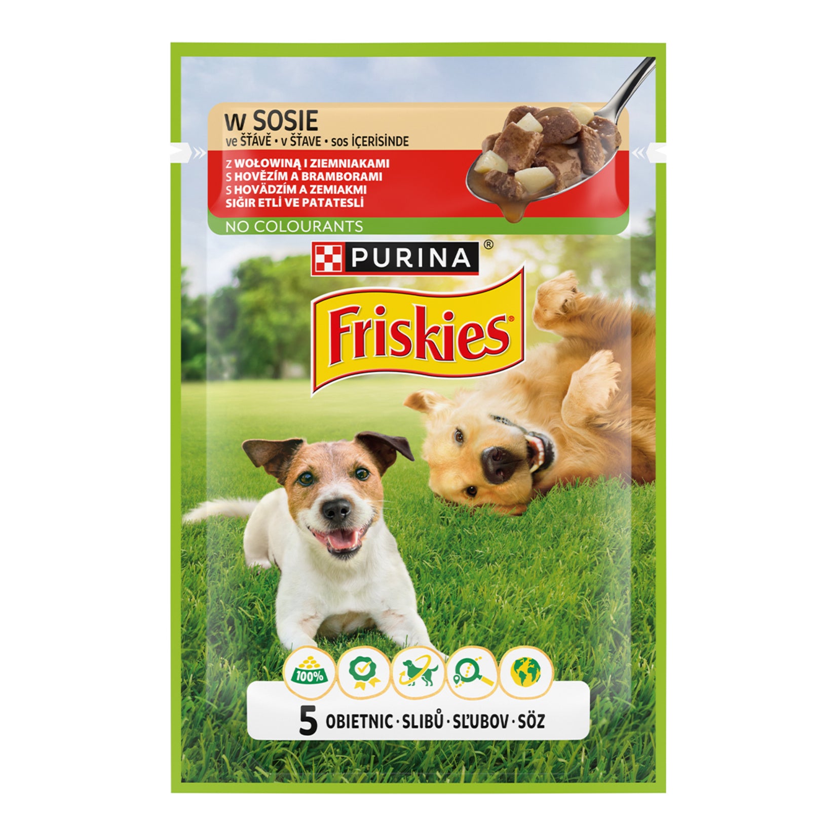 Friskies Beef & Potato Wet Dog Food is a savory meal made with beef and potato, carefully prepared to provide balanced daily nutrition for adult dogs.