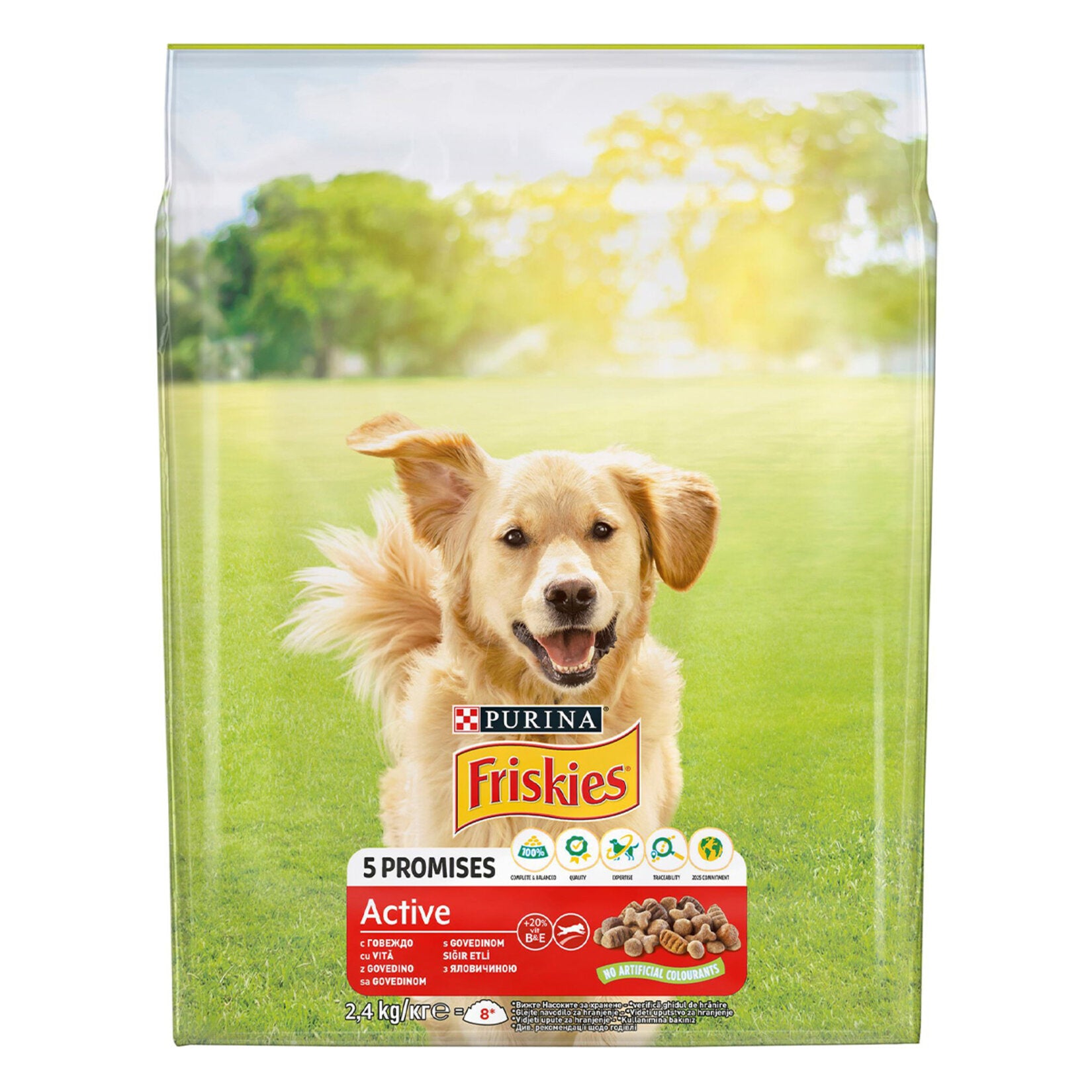Friskies Meaty Active Dog Food 2.4 kg is specially formulated for active adult dogs who need balanced daily nutrition.